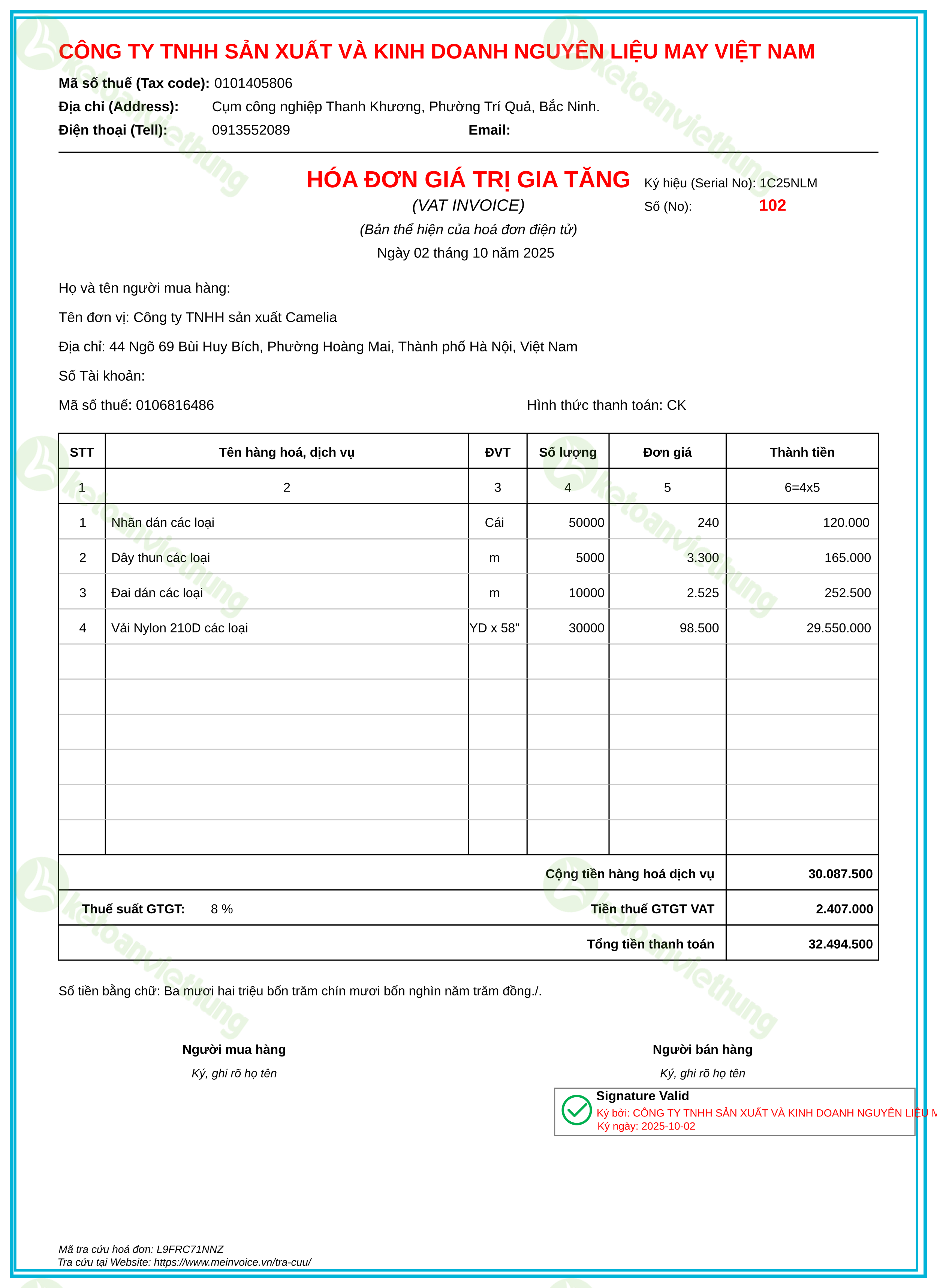 Hóa đơn mua nguyên vật liệu: 102