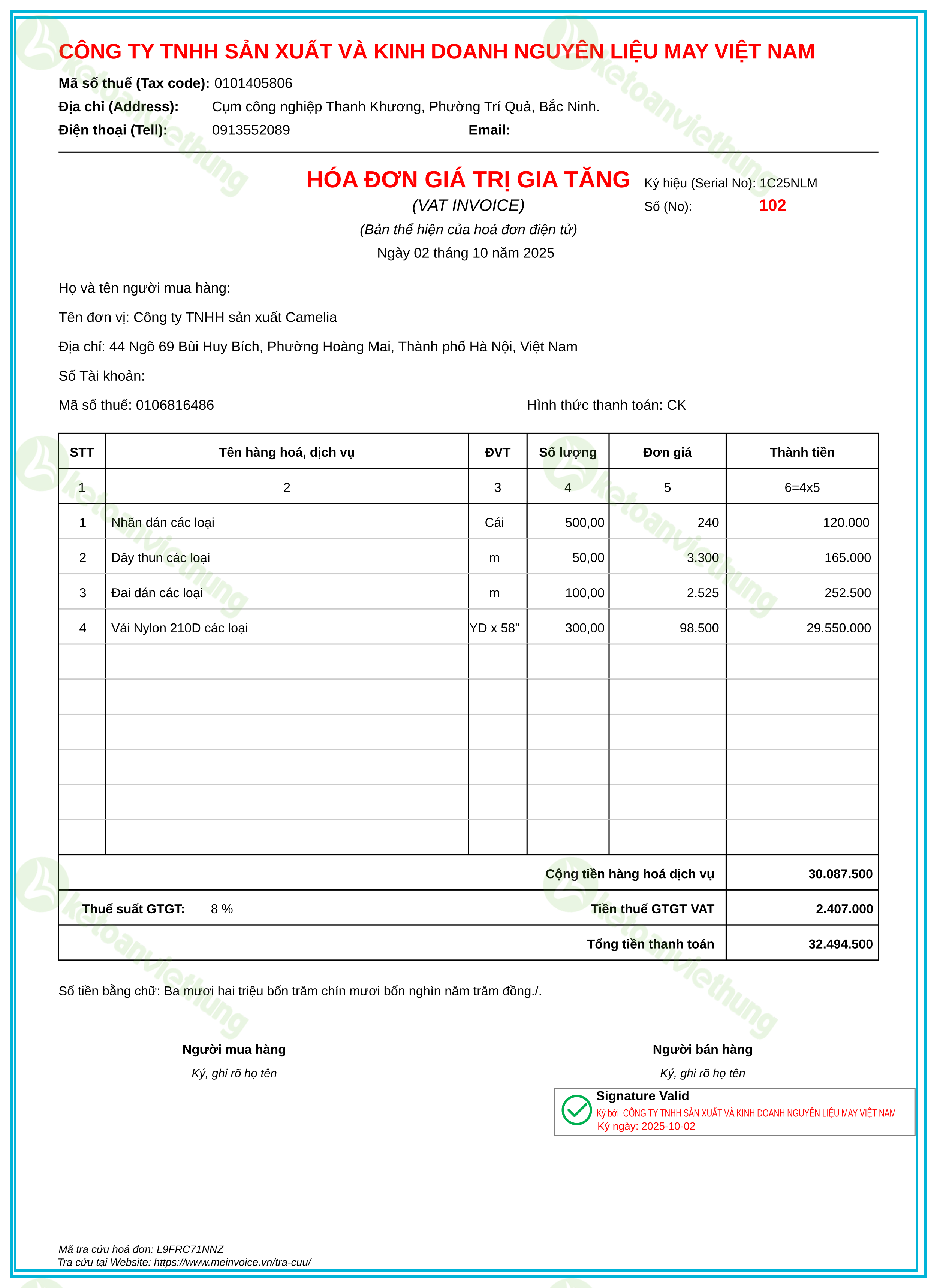 Hóa đơn mua nguyên vật liệu: 102