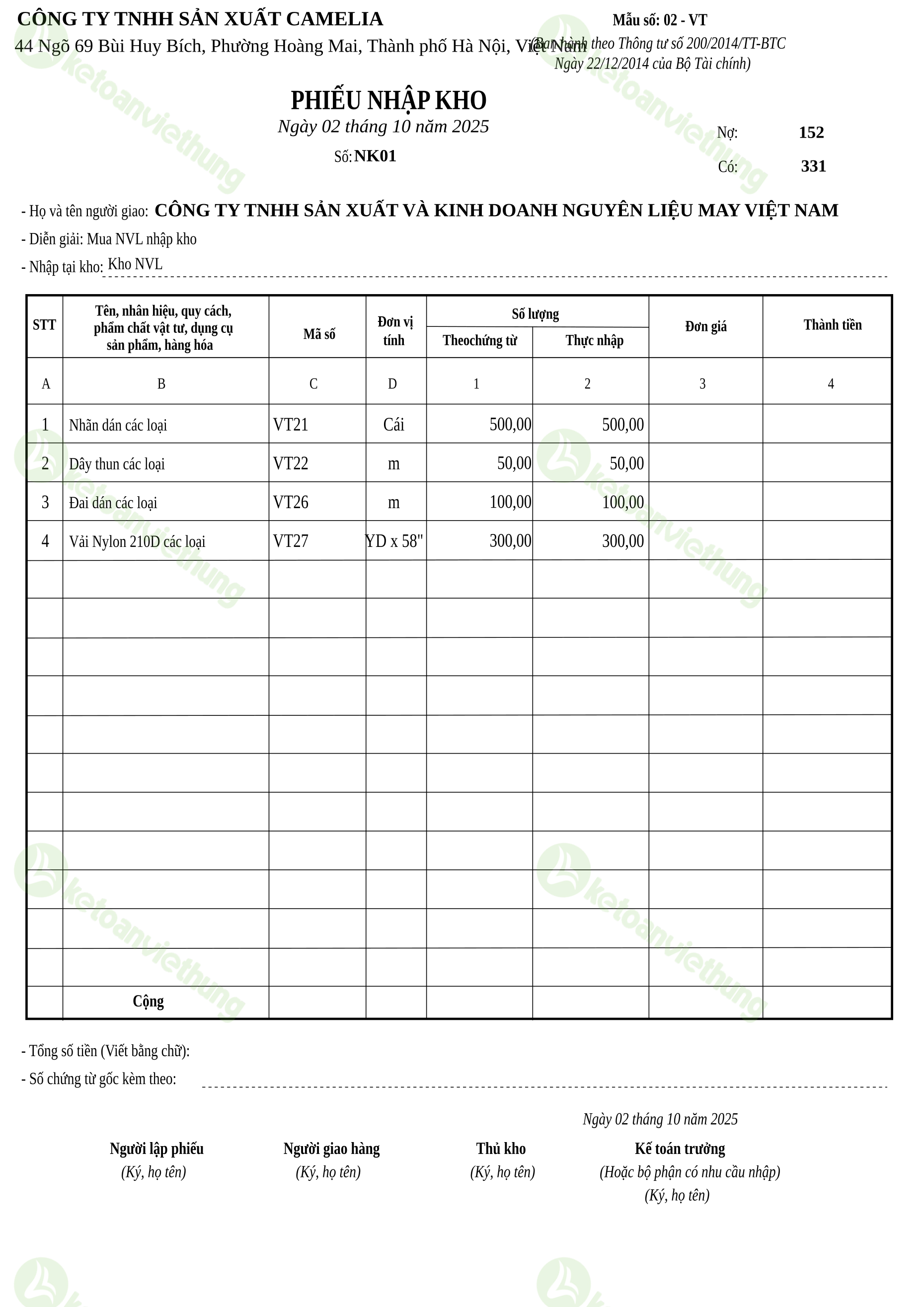 Phiếu nhập kho nguyên vật liệu: NK01