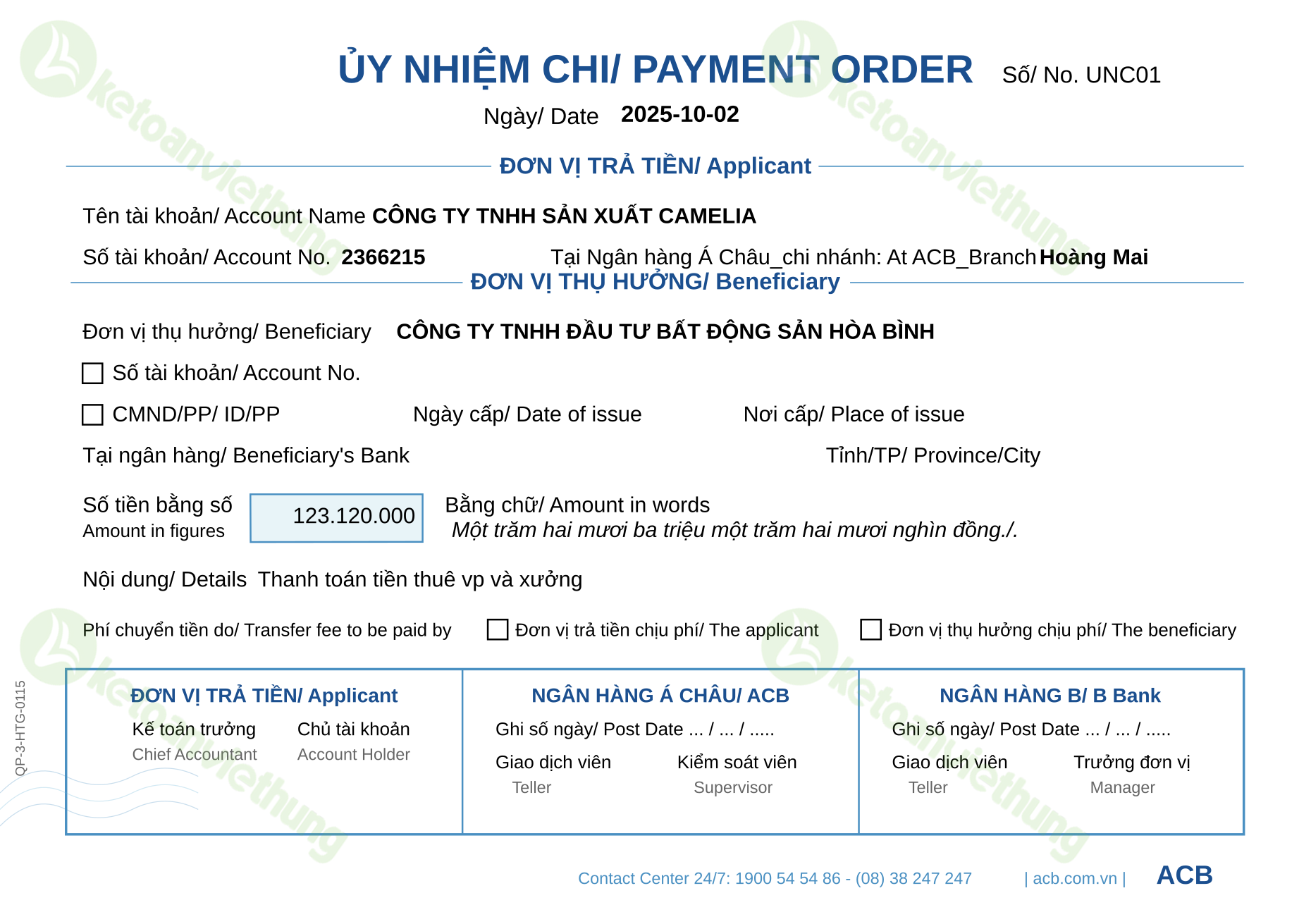 Ủy nhiệm chi trả tiền nhà cung cấp trong nước: UNC01