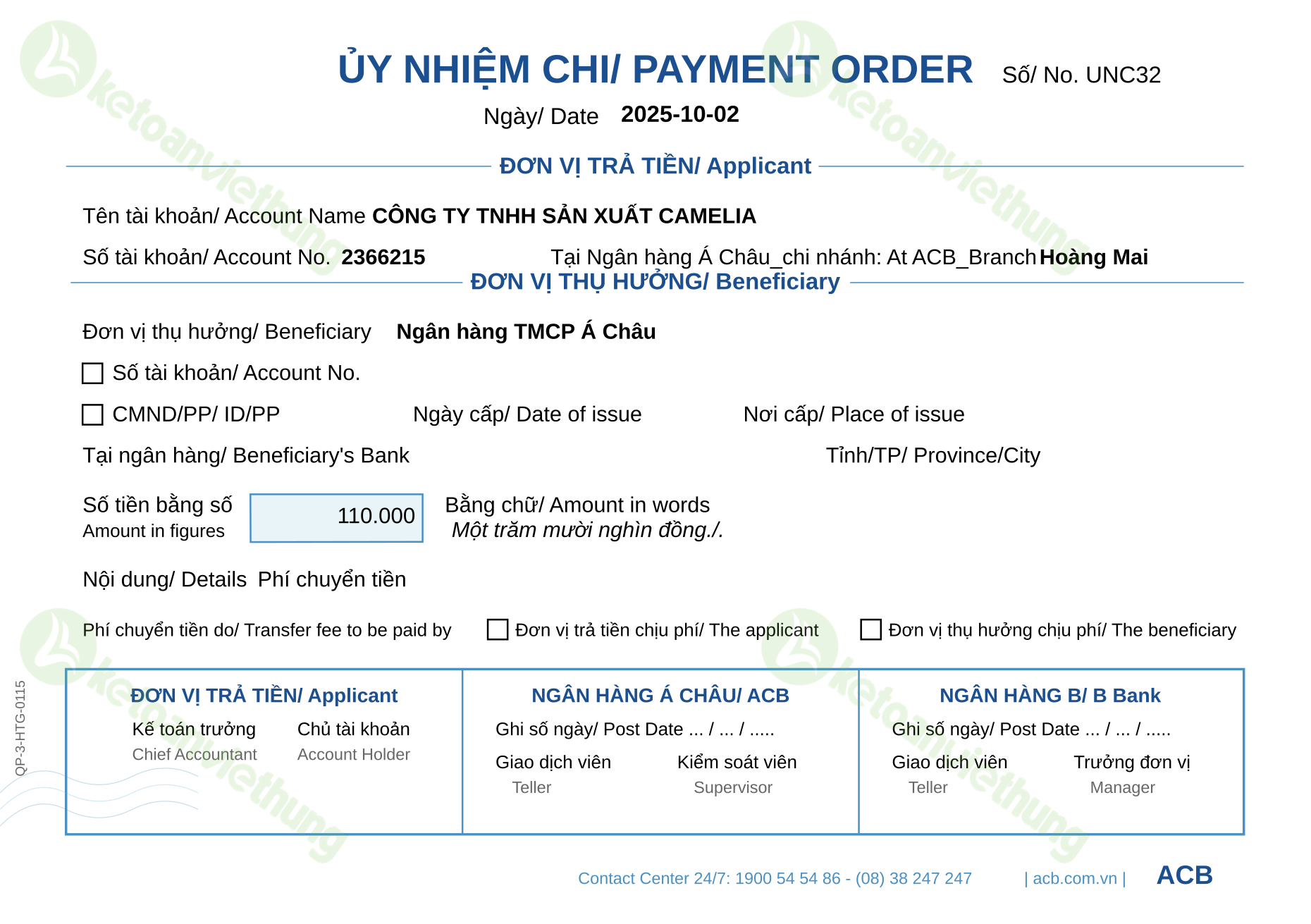 Hạch toán phí ngân hàng: UNC32