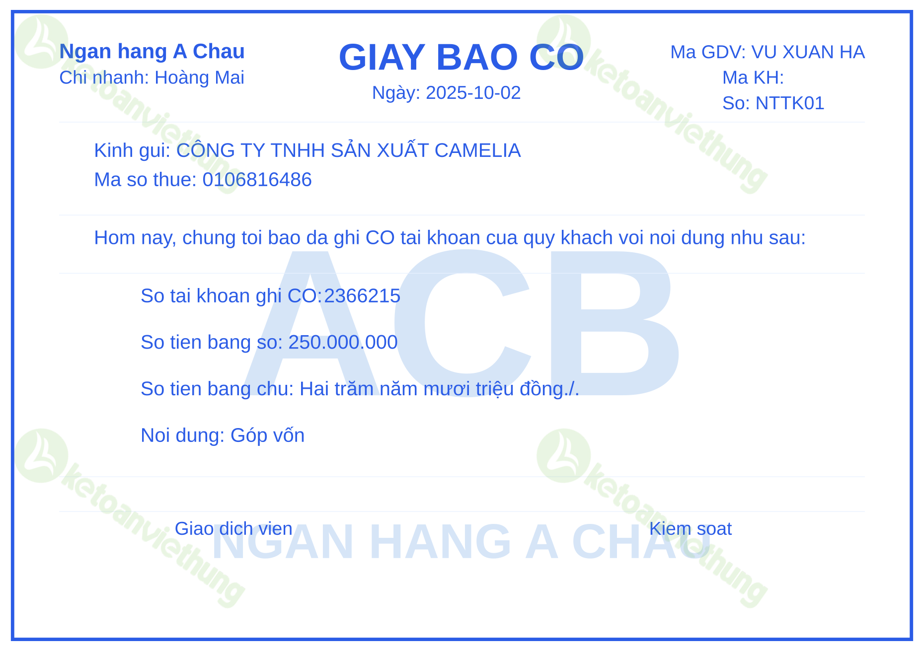 Giấy báo có Góp vốn kinh doanh