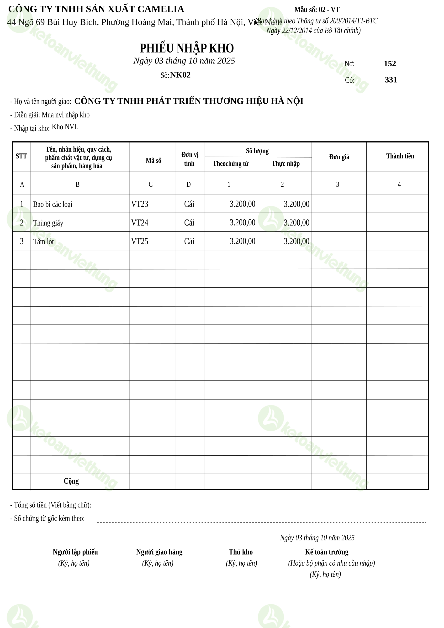 Phiếu nhập kho nguyên vật liệu: NK02