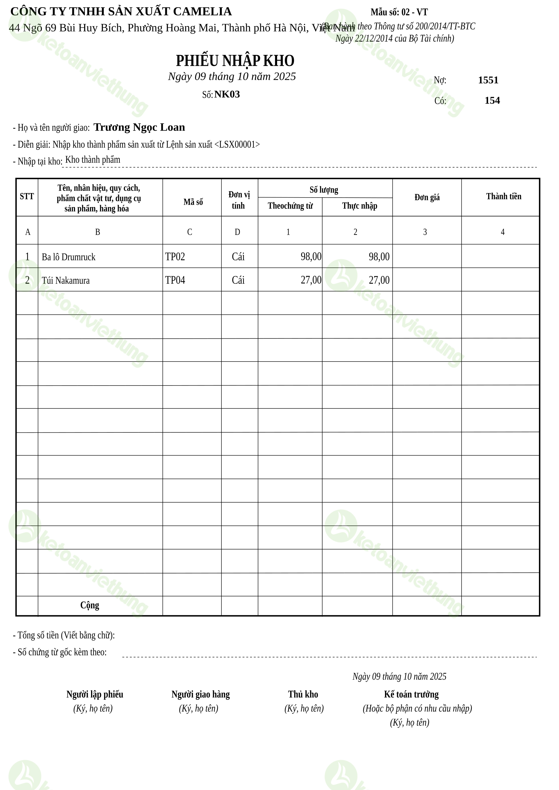 Phiếu nhập kho thành phẩm từ sản xuất: NK03