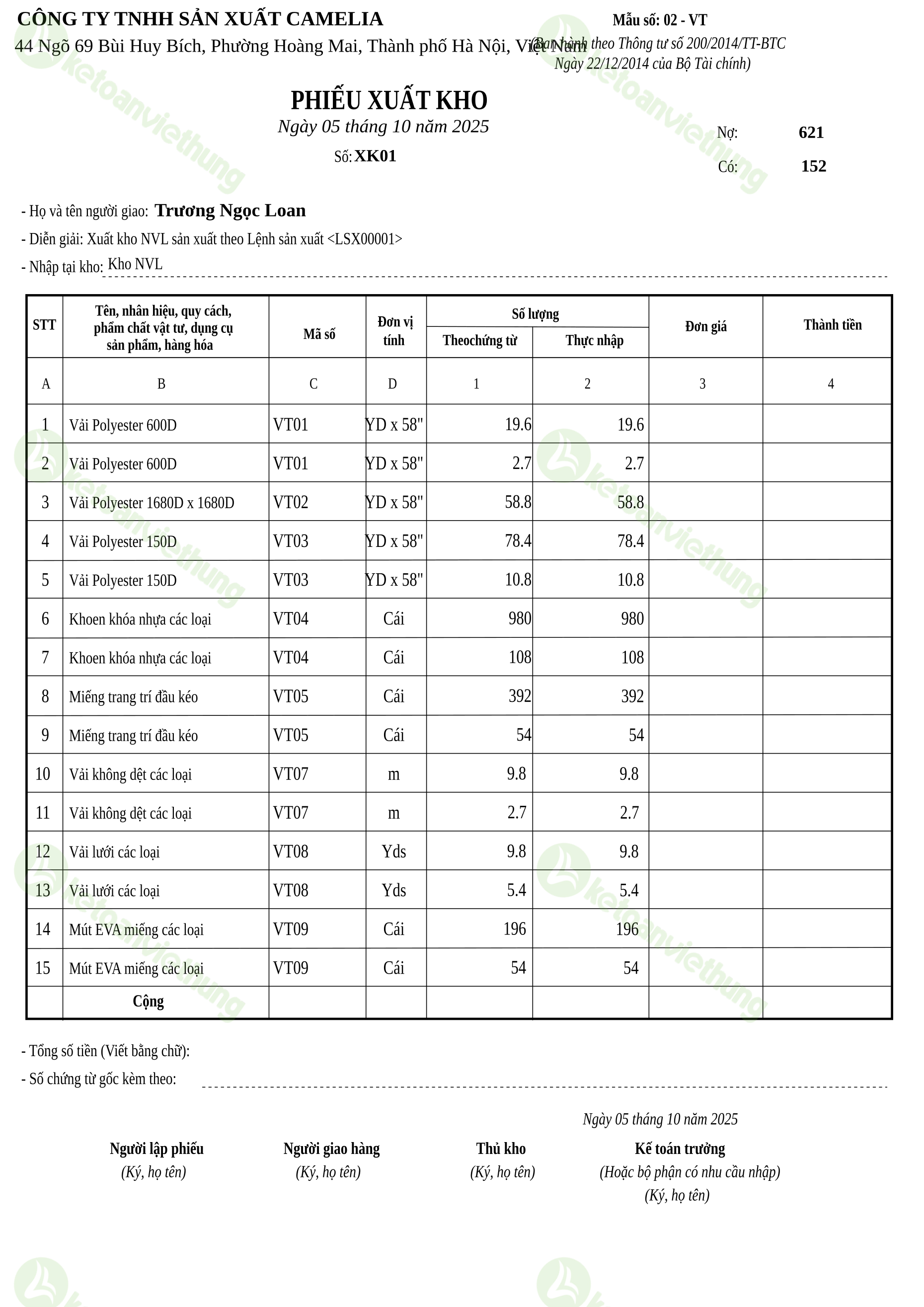 Phiếu xuất kho nguyên vật liệu dùng cho sản xuất: XK01