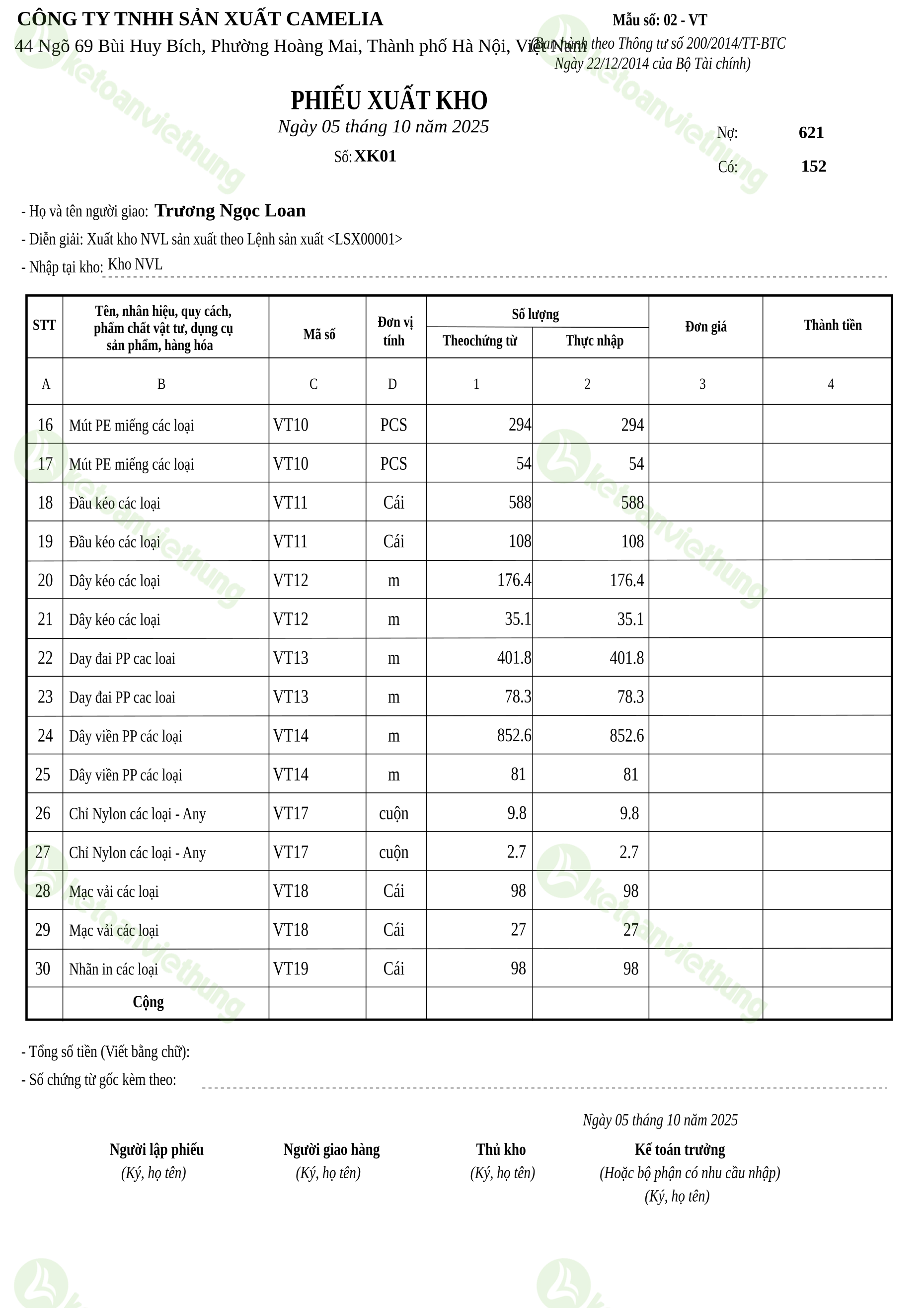 Phiếu xuất kho nguyên vật liệu dùng cho sản xuất: XK01 (trang 2)