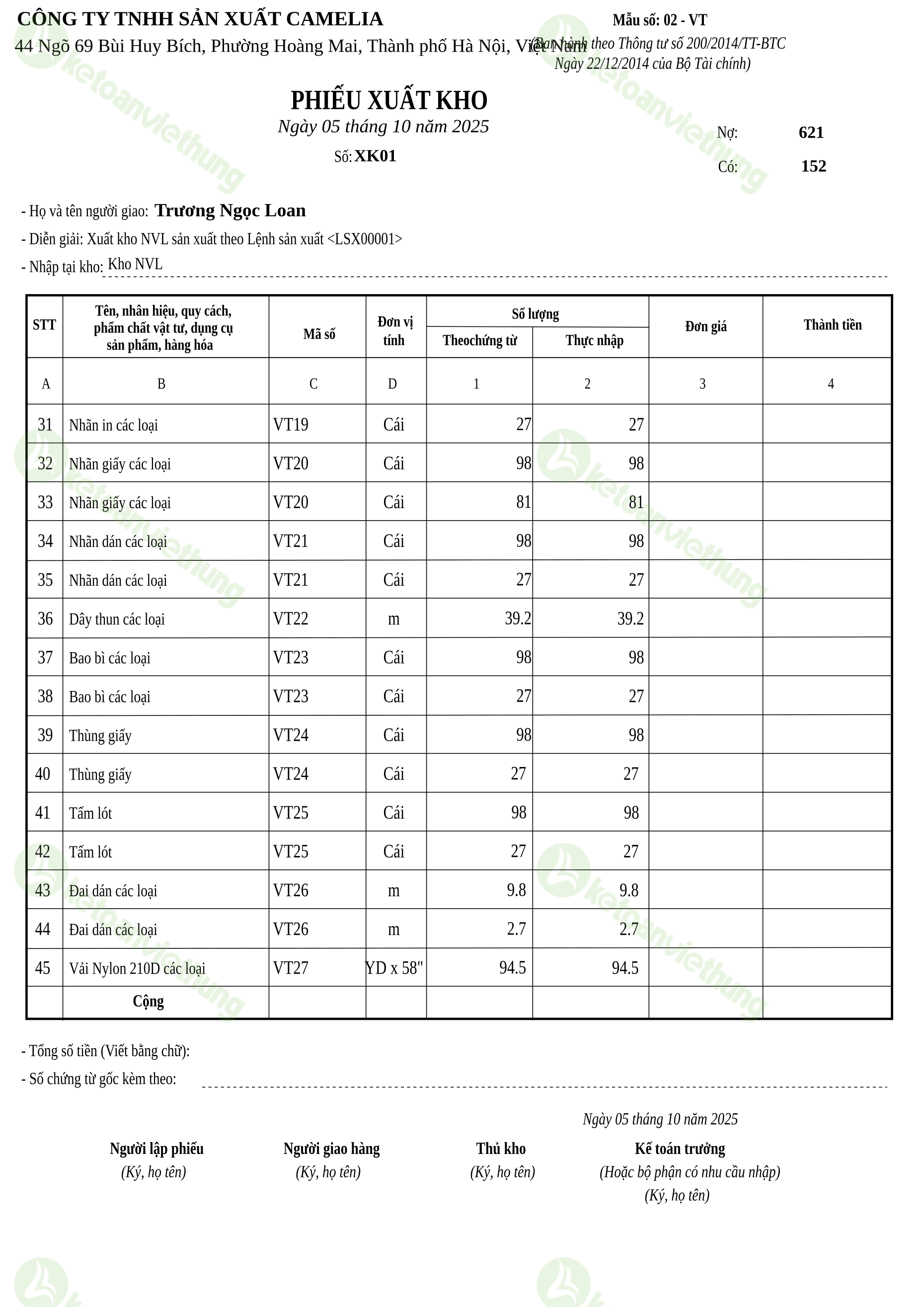 Phiếu xuất kho nguyên vật liệu dùng cho sản xuất: XK01 (trang 3)