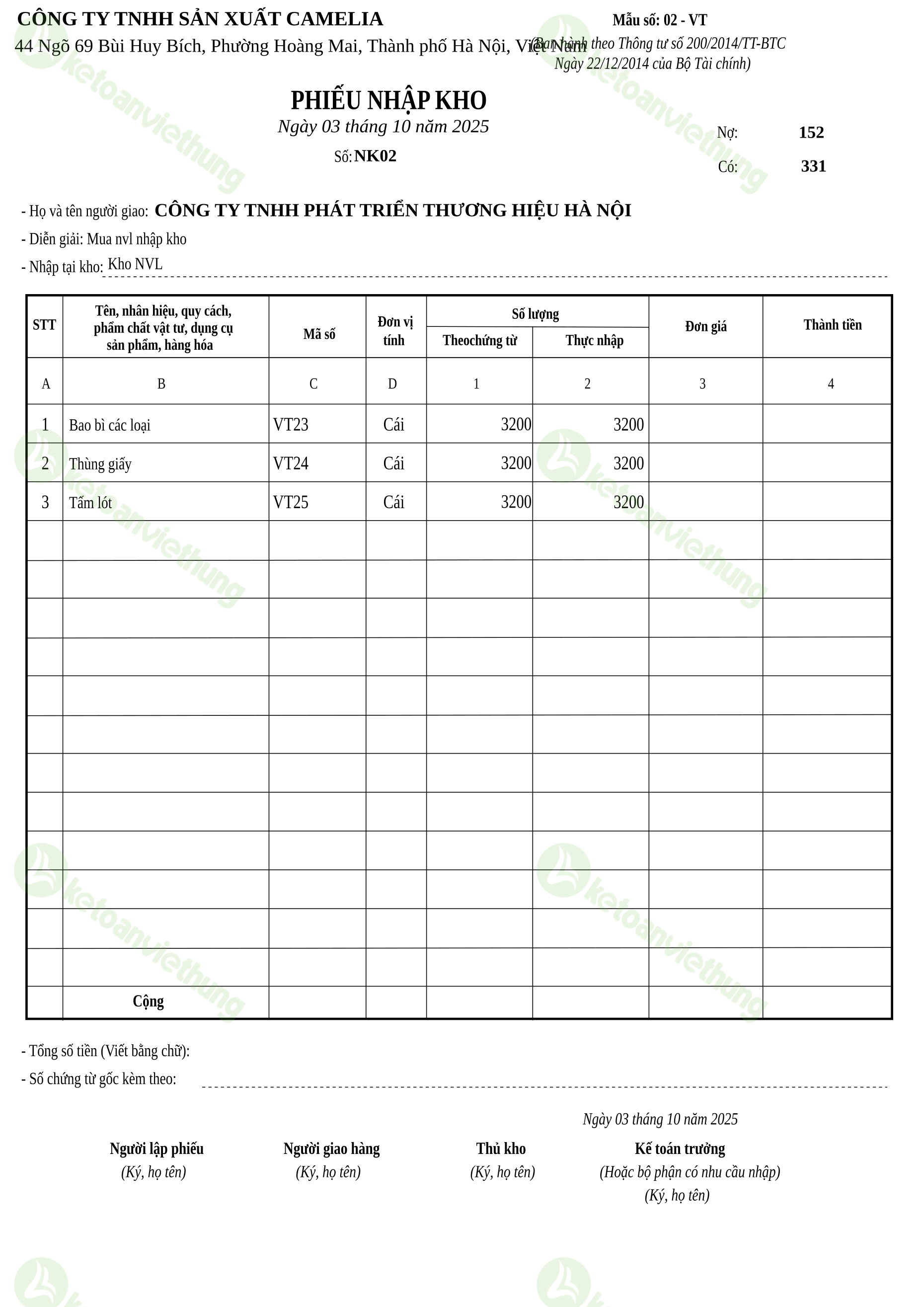 Phiếu nhập kho nguyên vật liệu: NK02