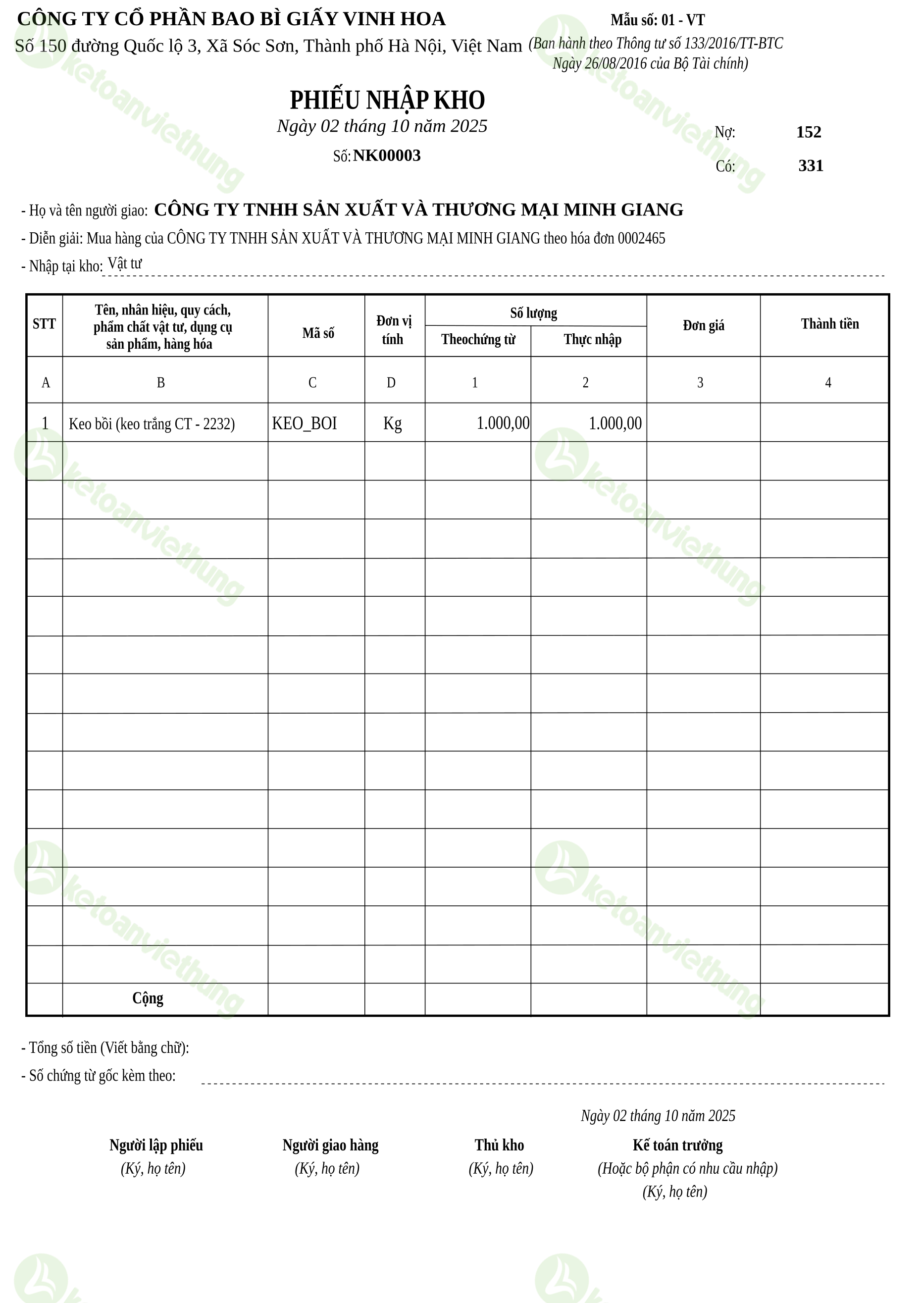 Phiếu nhập kho nguyên vật liệu: NK00003