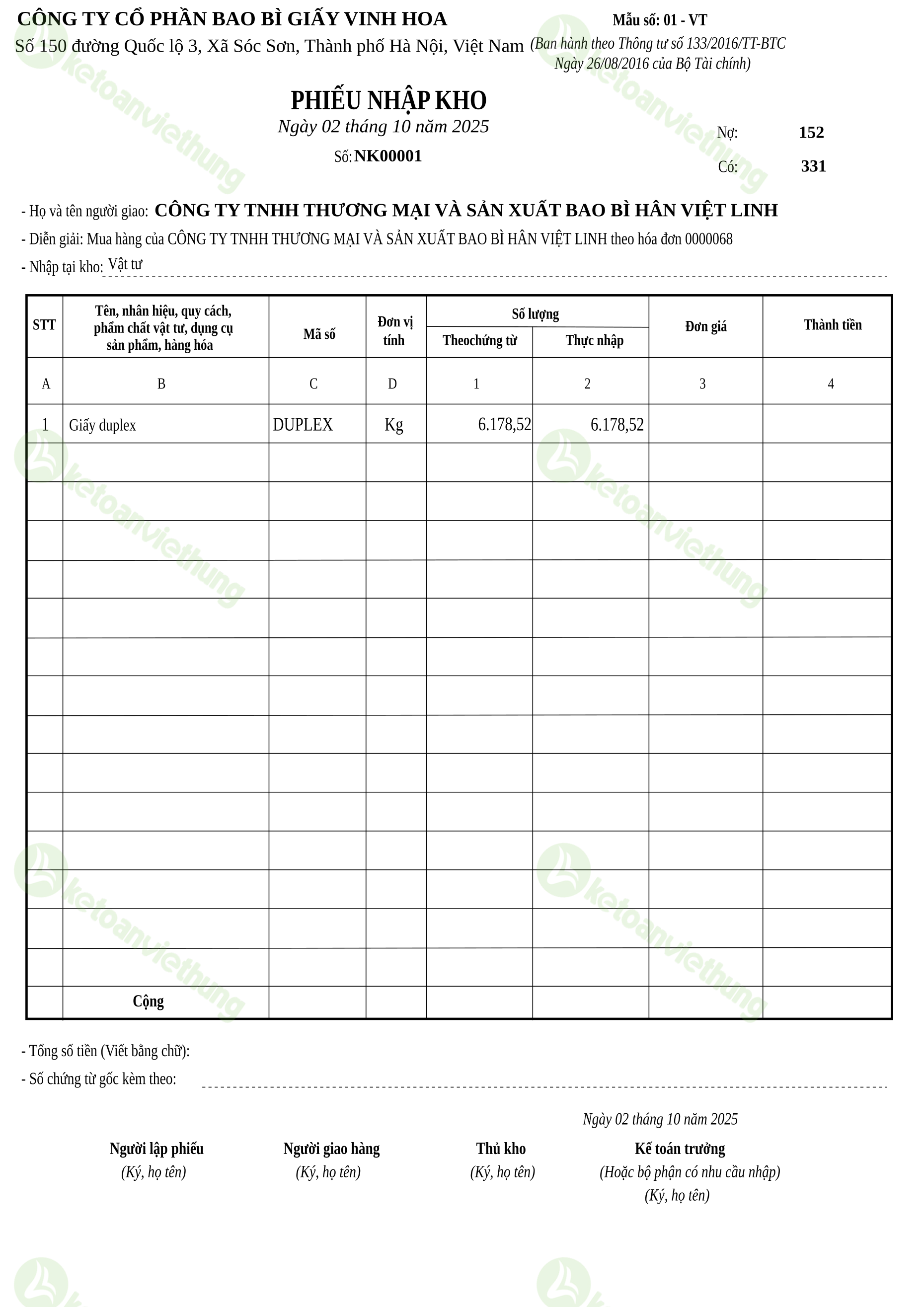 Phiếu nhập kho nguyên vật liệu: NK00001