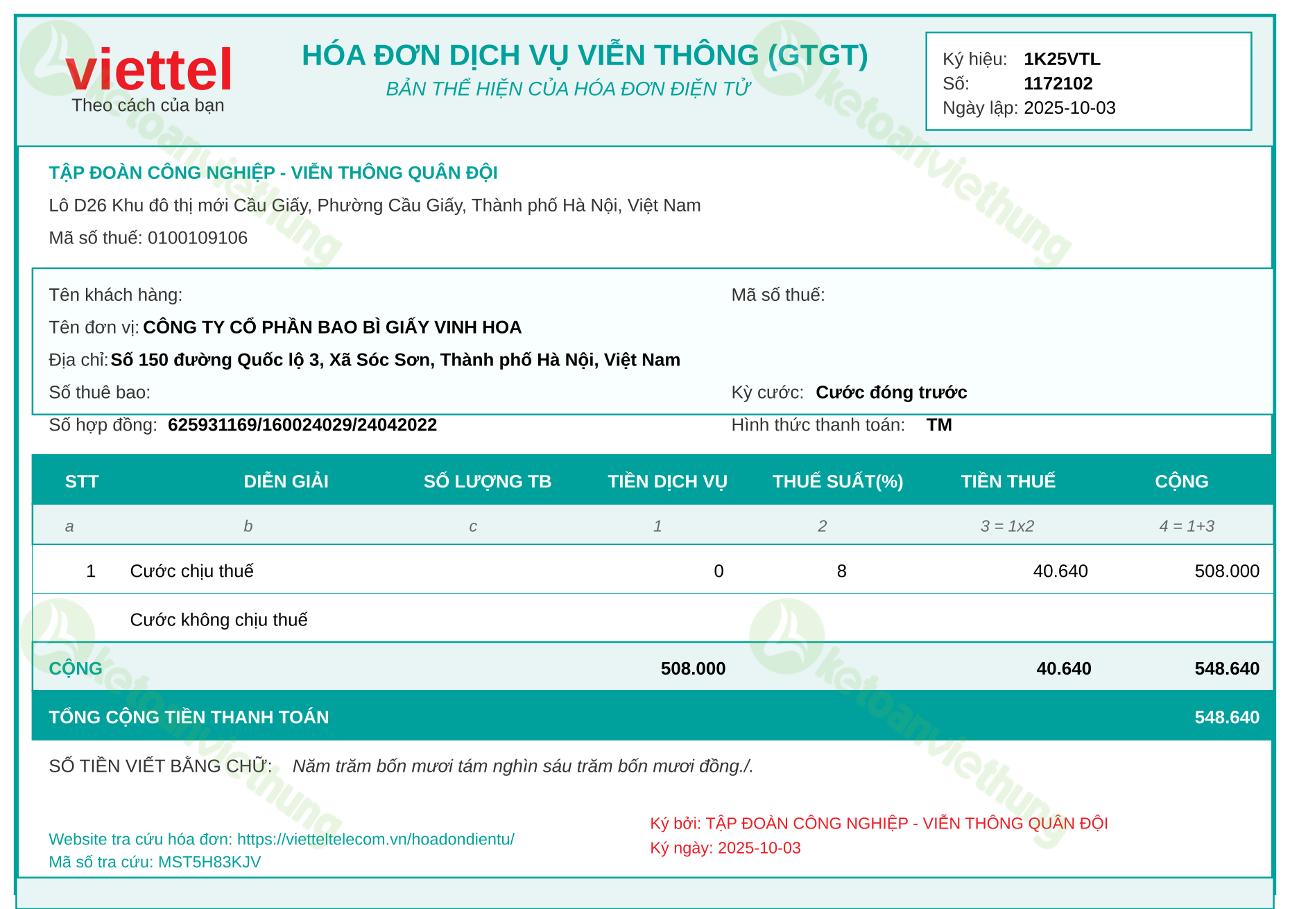 Hóa đơn cước viễn thông: 1172102
