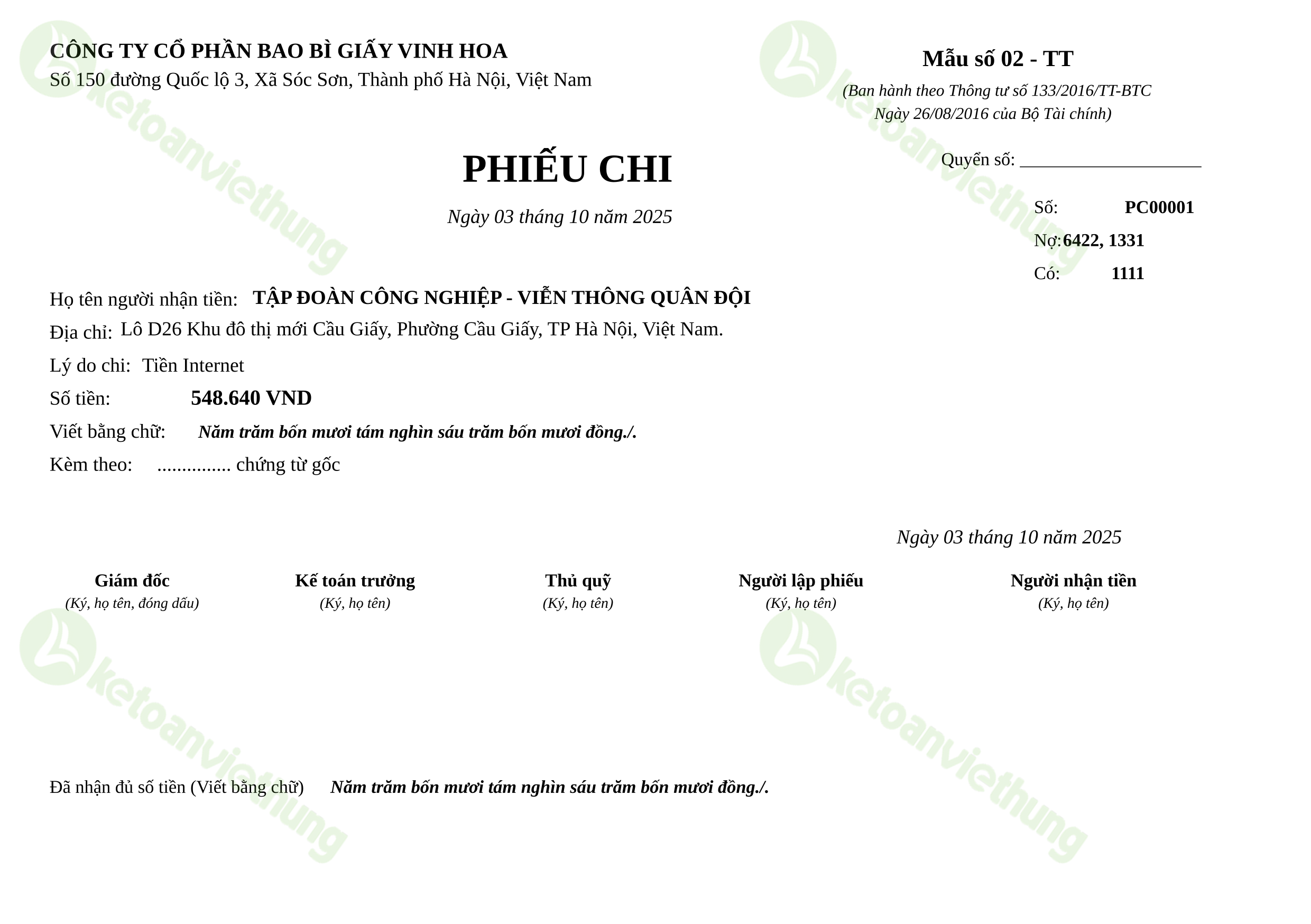Phiếu chi thanh toán cước viễn thông: PC00001