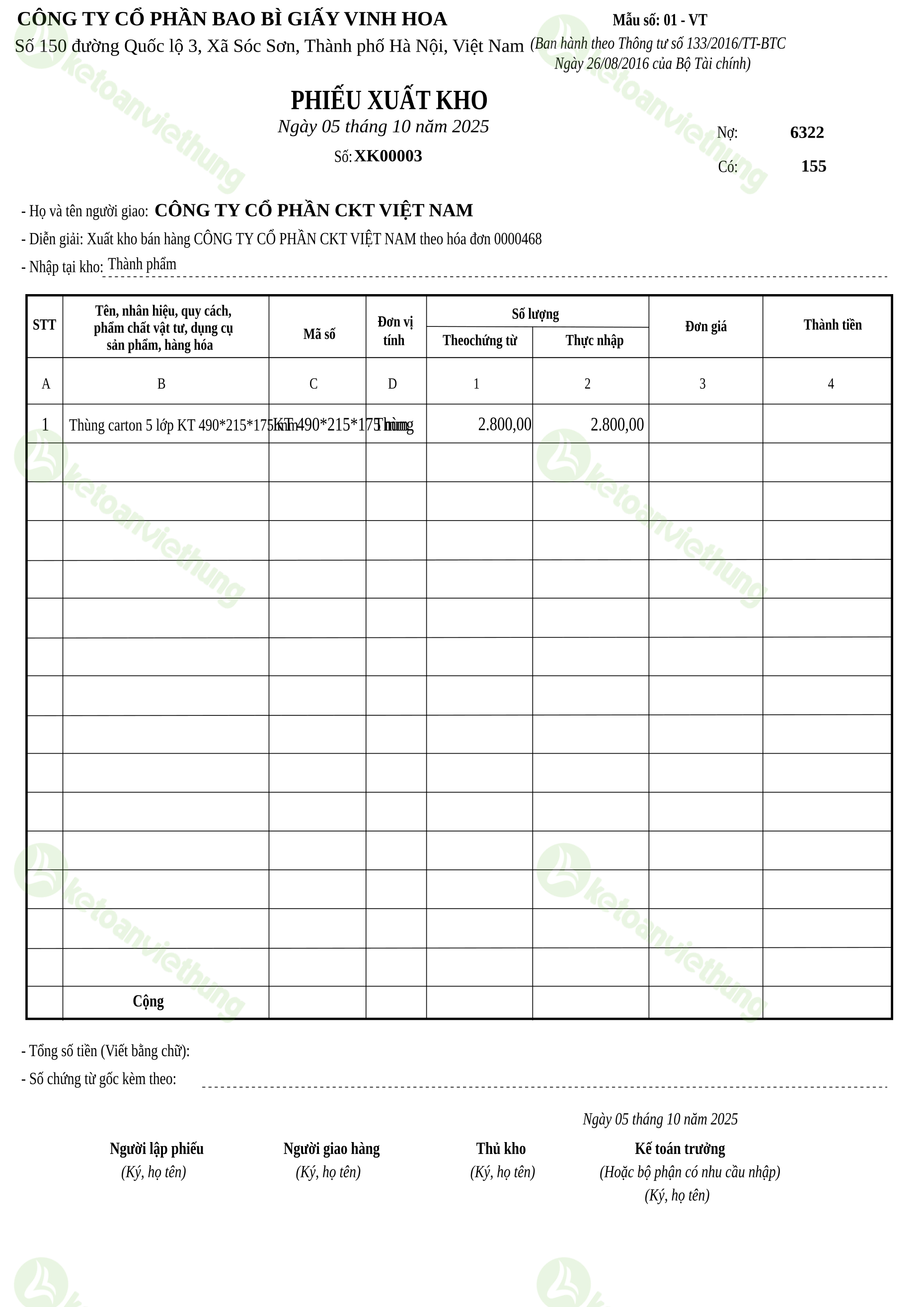 Phiếu xuất kho bán hàng: XK00003