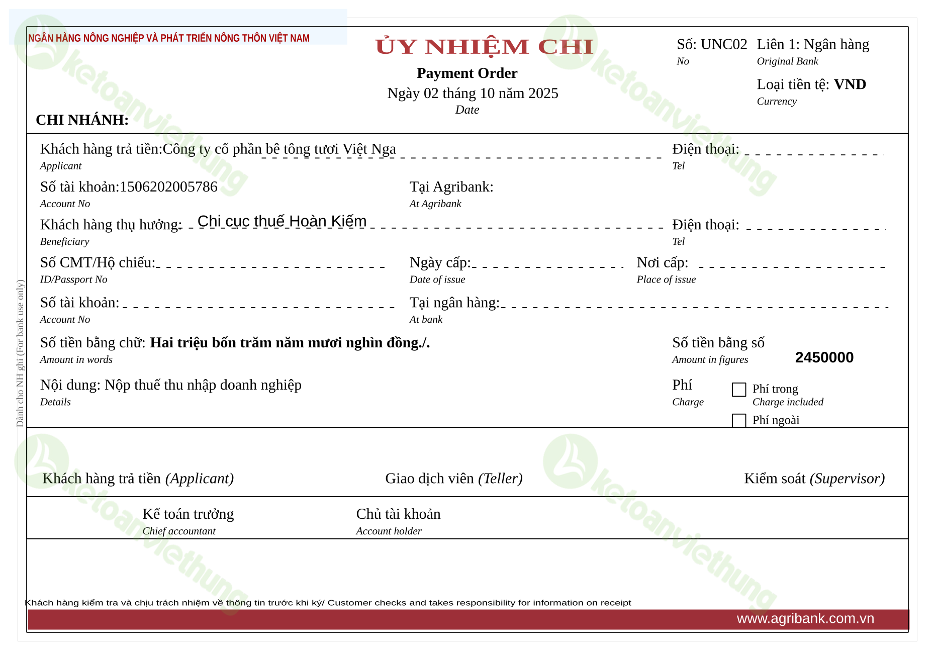 Giấy nộp tiền thuế thu nhập doanh nghiệp: UNC02