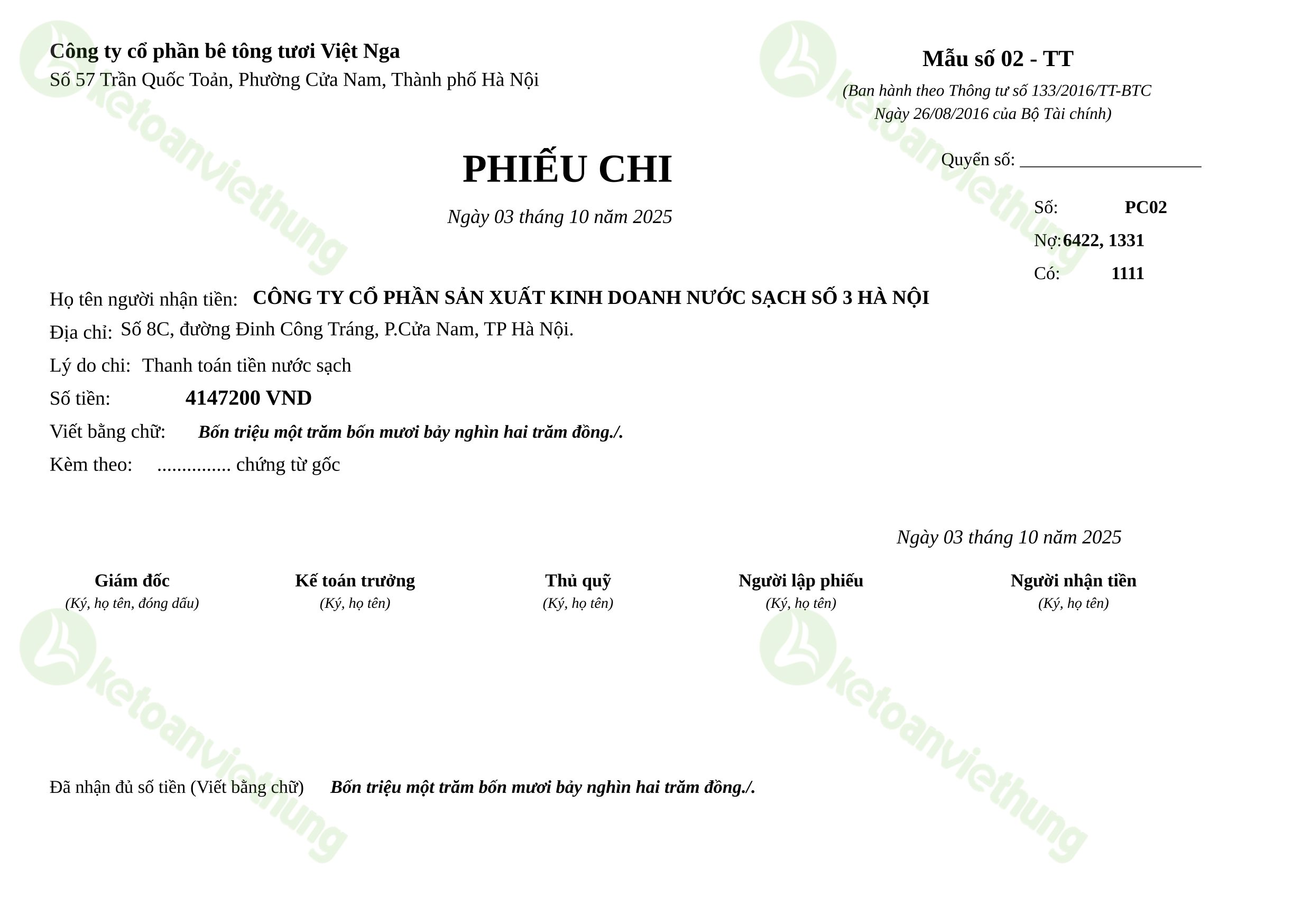 Phiếu chi thanh toán chi phí sản xuất kinh doanh: PC02