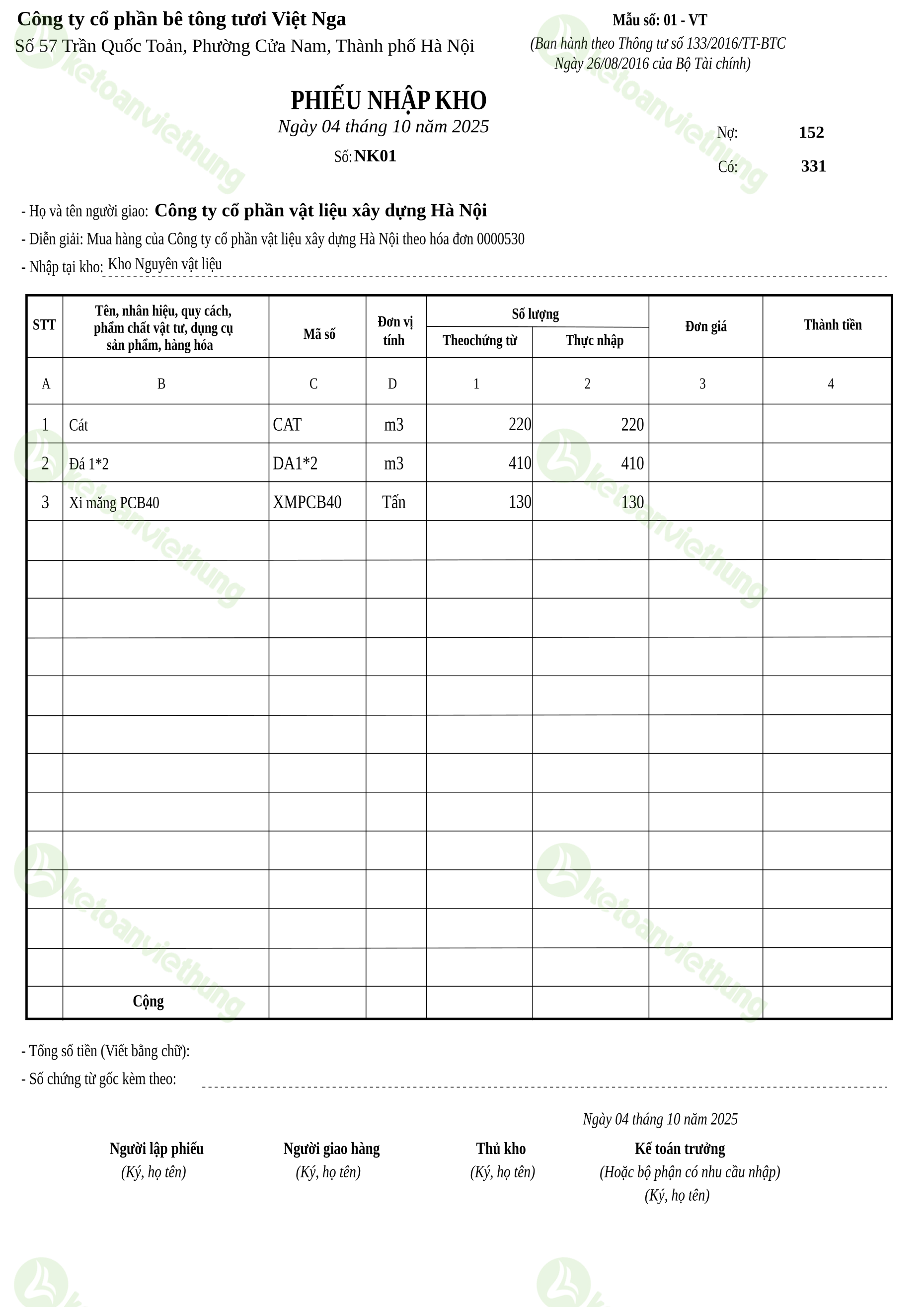 Phiếu nhập kho nguyên vật liệu: NK01