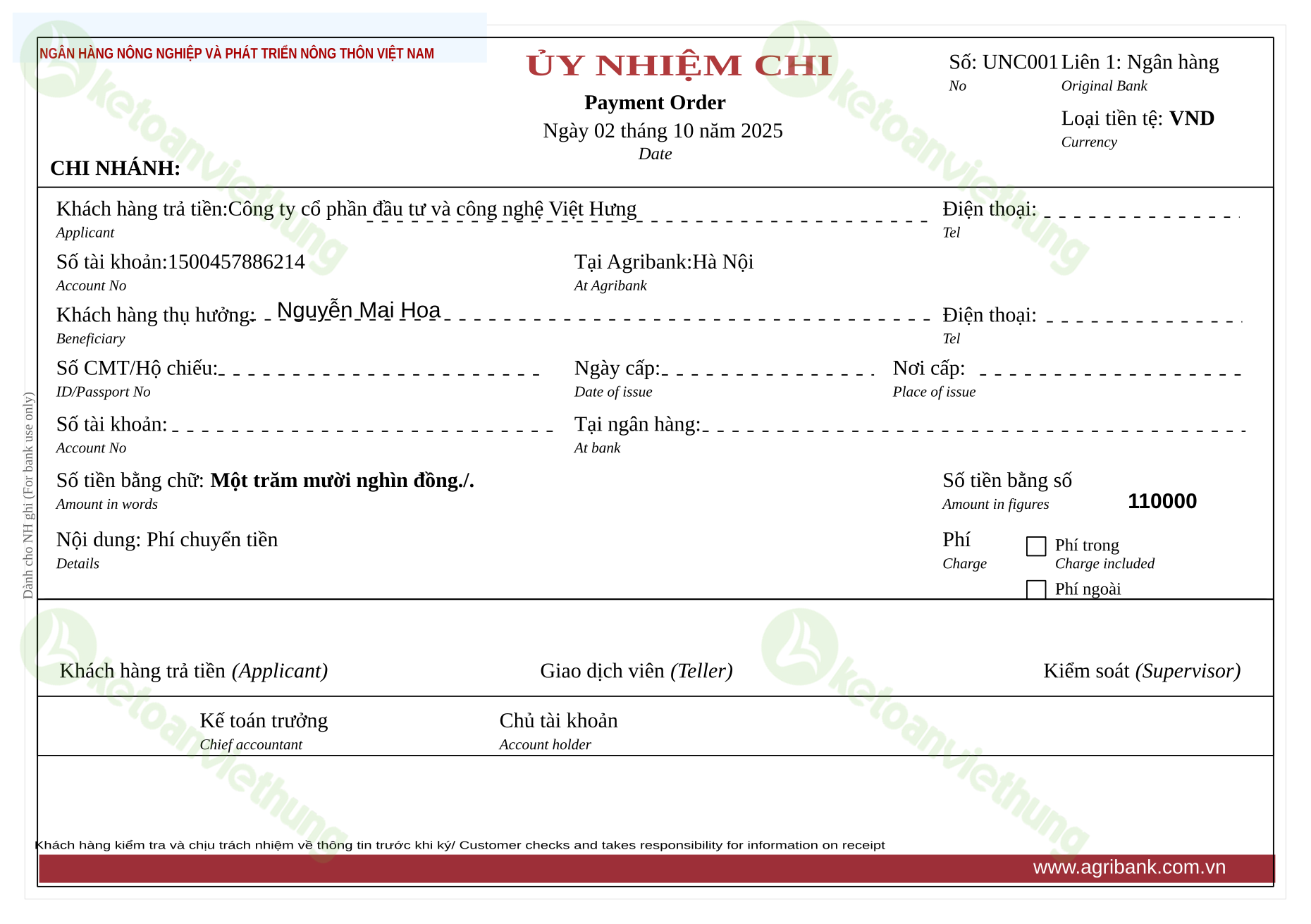 T2_UNC001_Ủy nhiệm chi