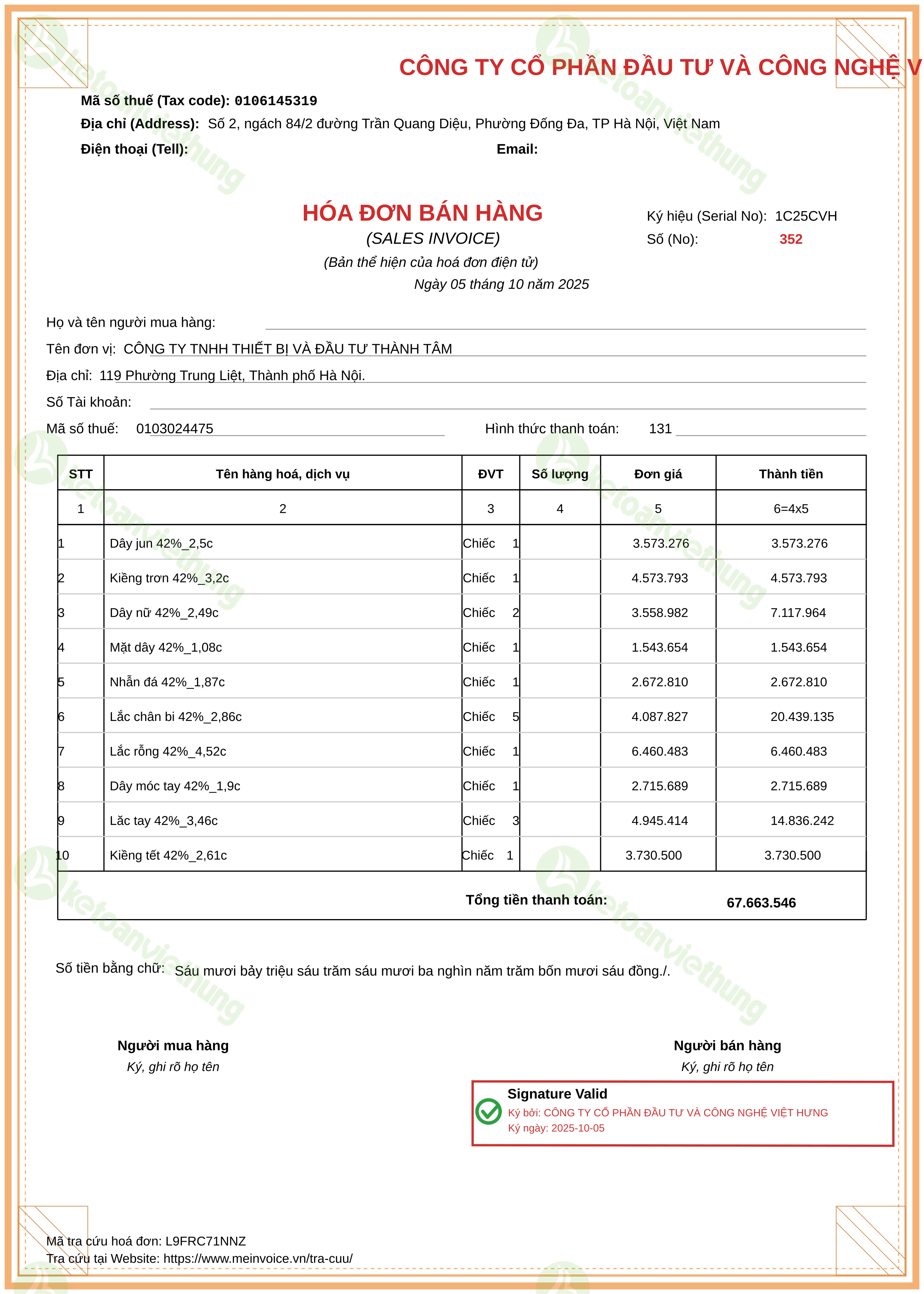 Hóa đơn bán hàng hóa: 352 (T5)