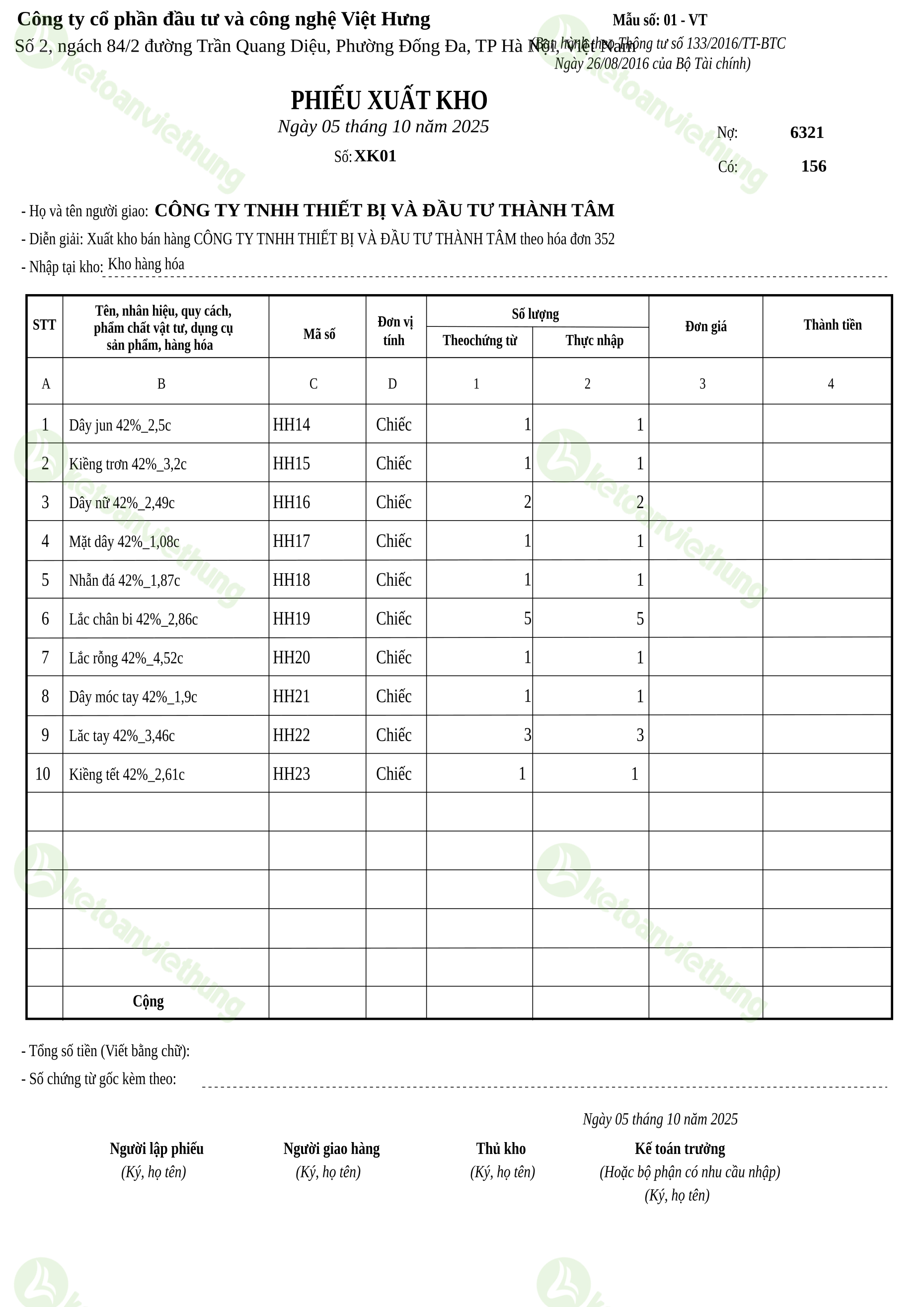 Phiếu xuất kho hàng hóa bán hàng: XK01