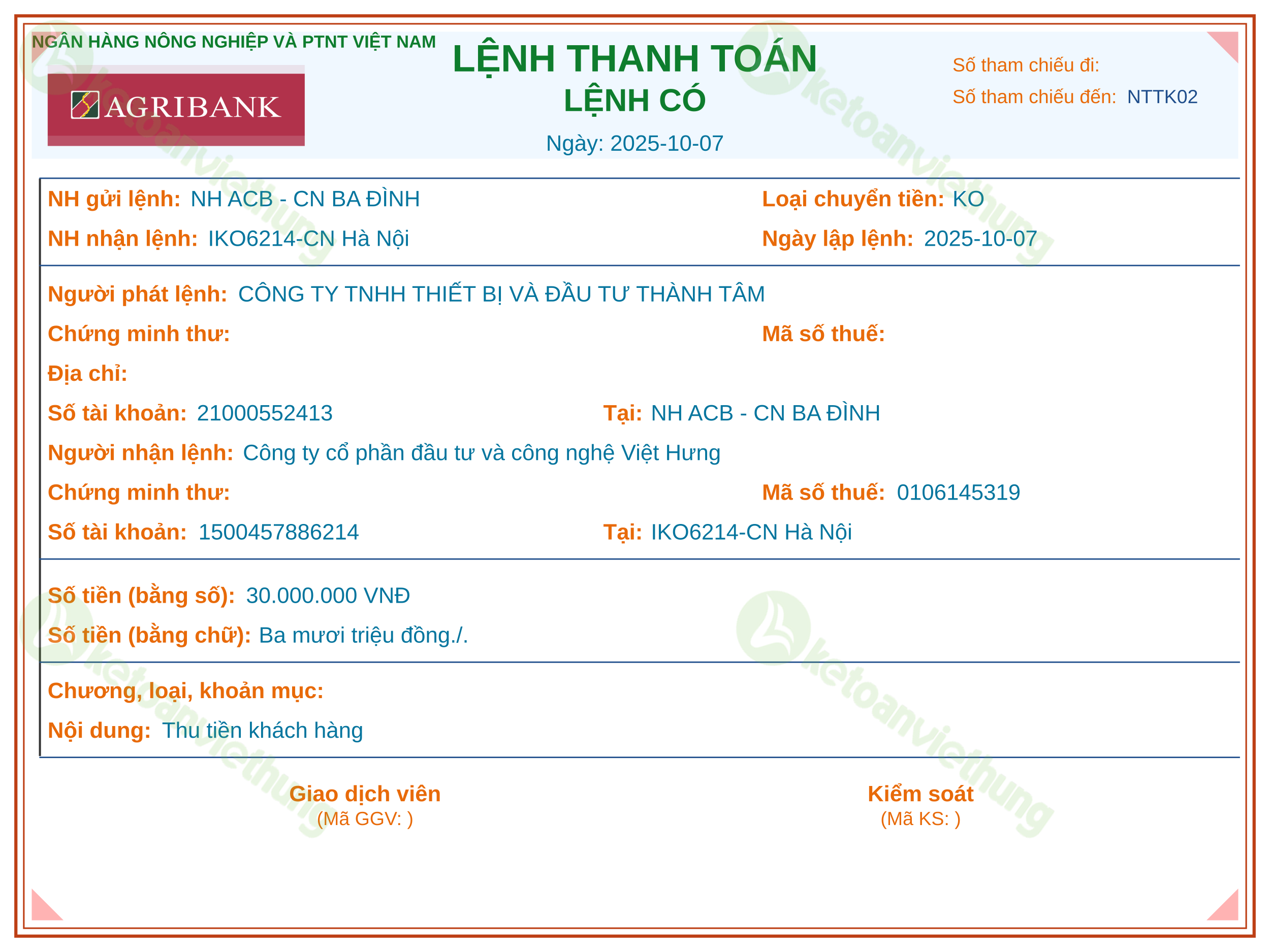 Giấy báo có thu tiền khách hàng VND: NTTK02