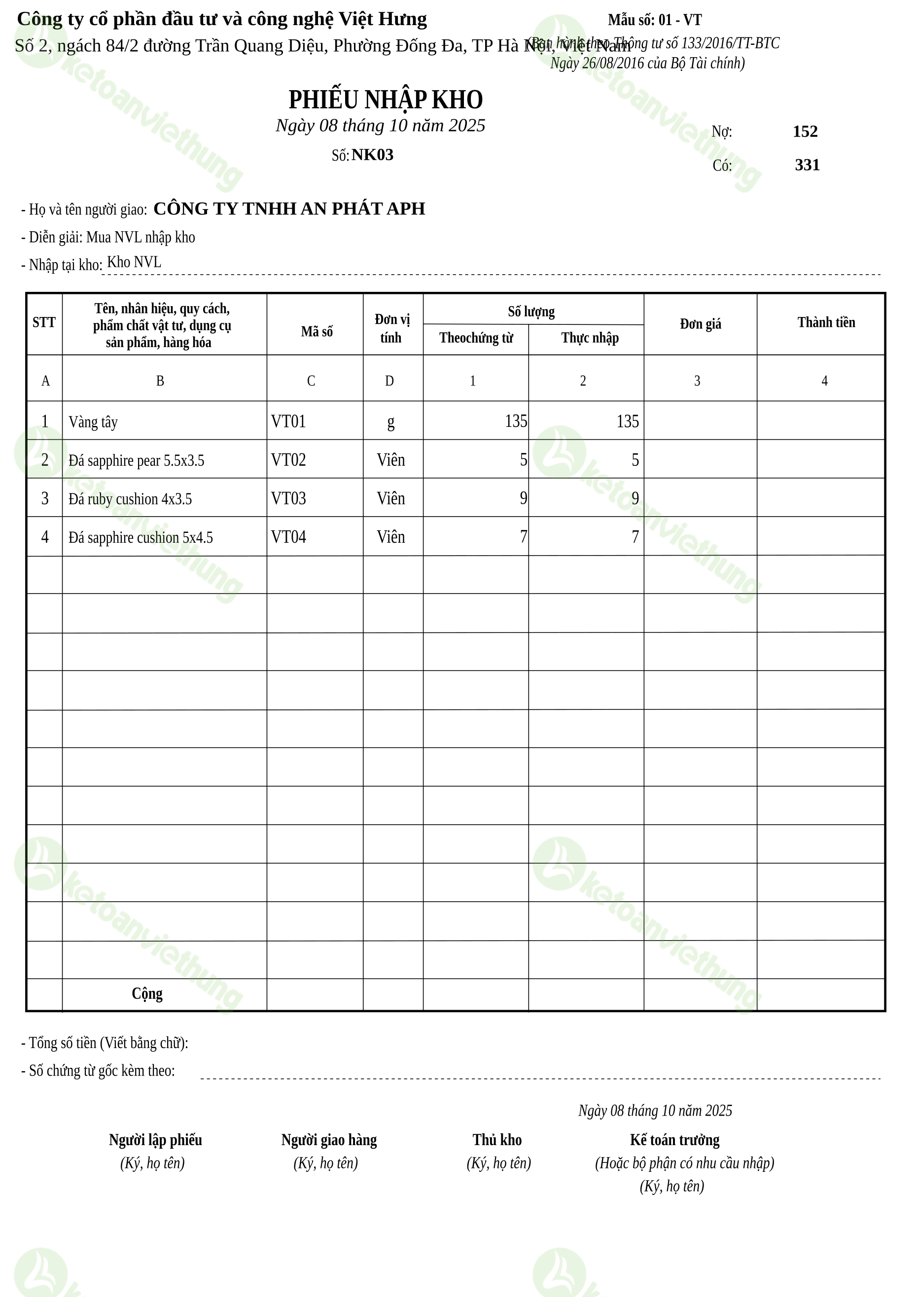 T9_NK03_Phiếu nhập kho TT133