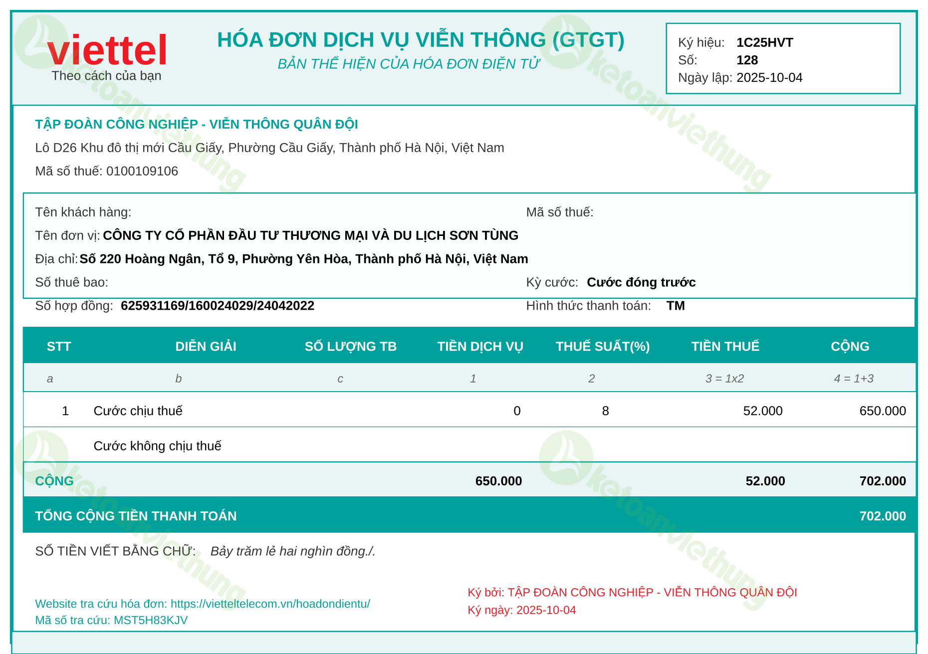 Hóa đơn cước viễn thông: 128