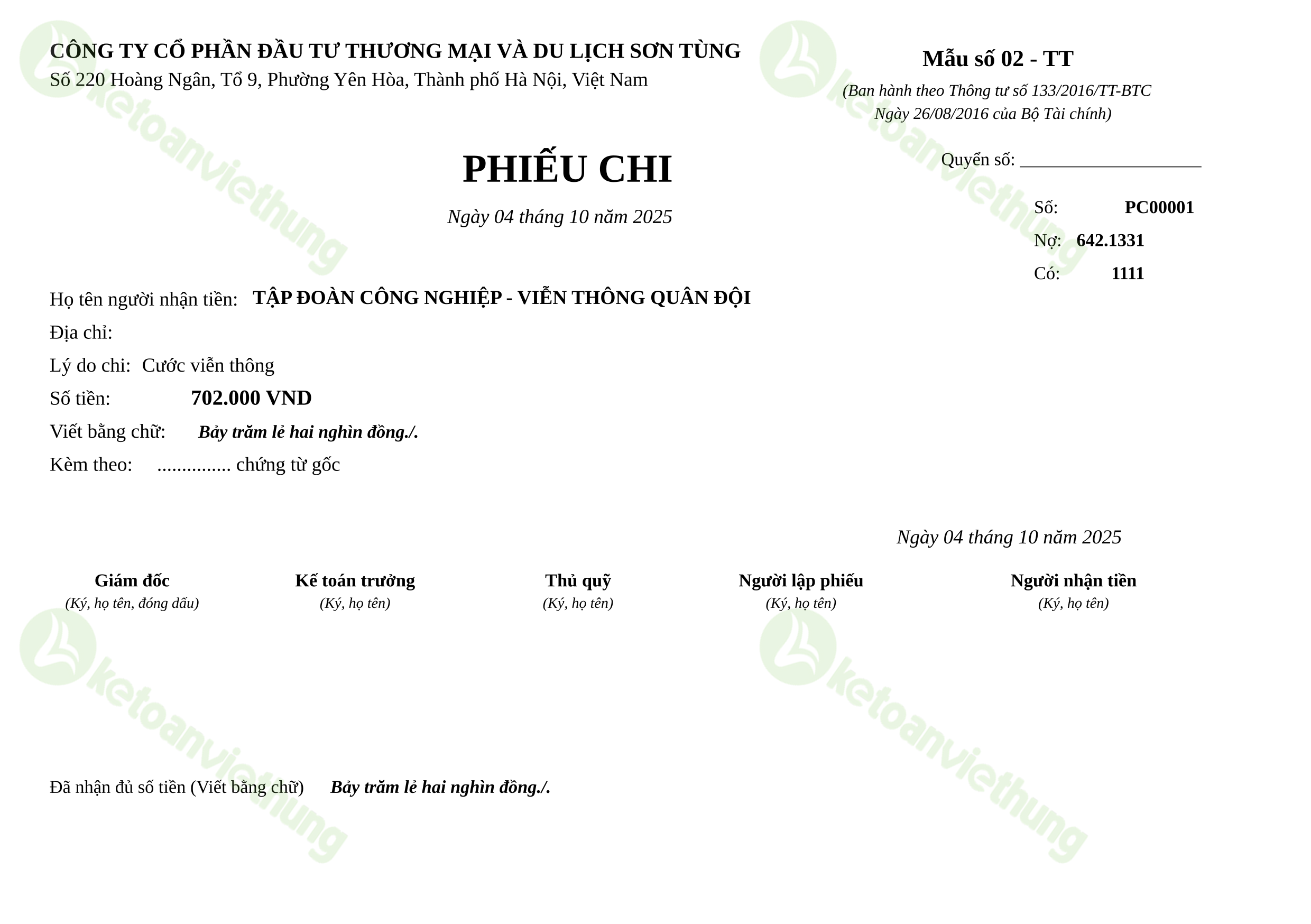 Phiếu chi thanh toán cước viễn thông: PC00001