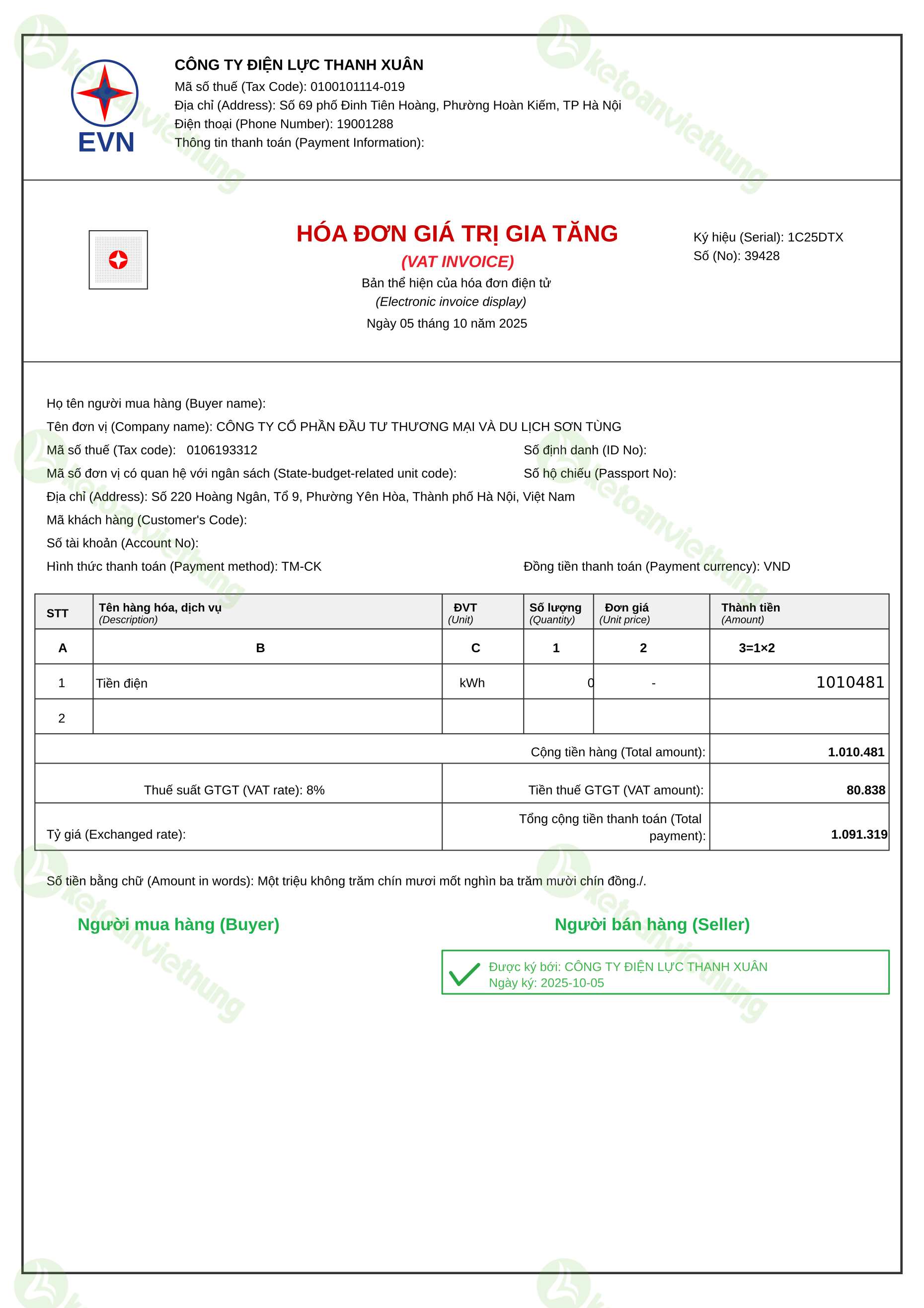 Hóa đơn tiền điện: 39428