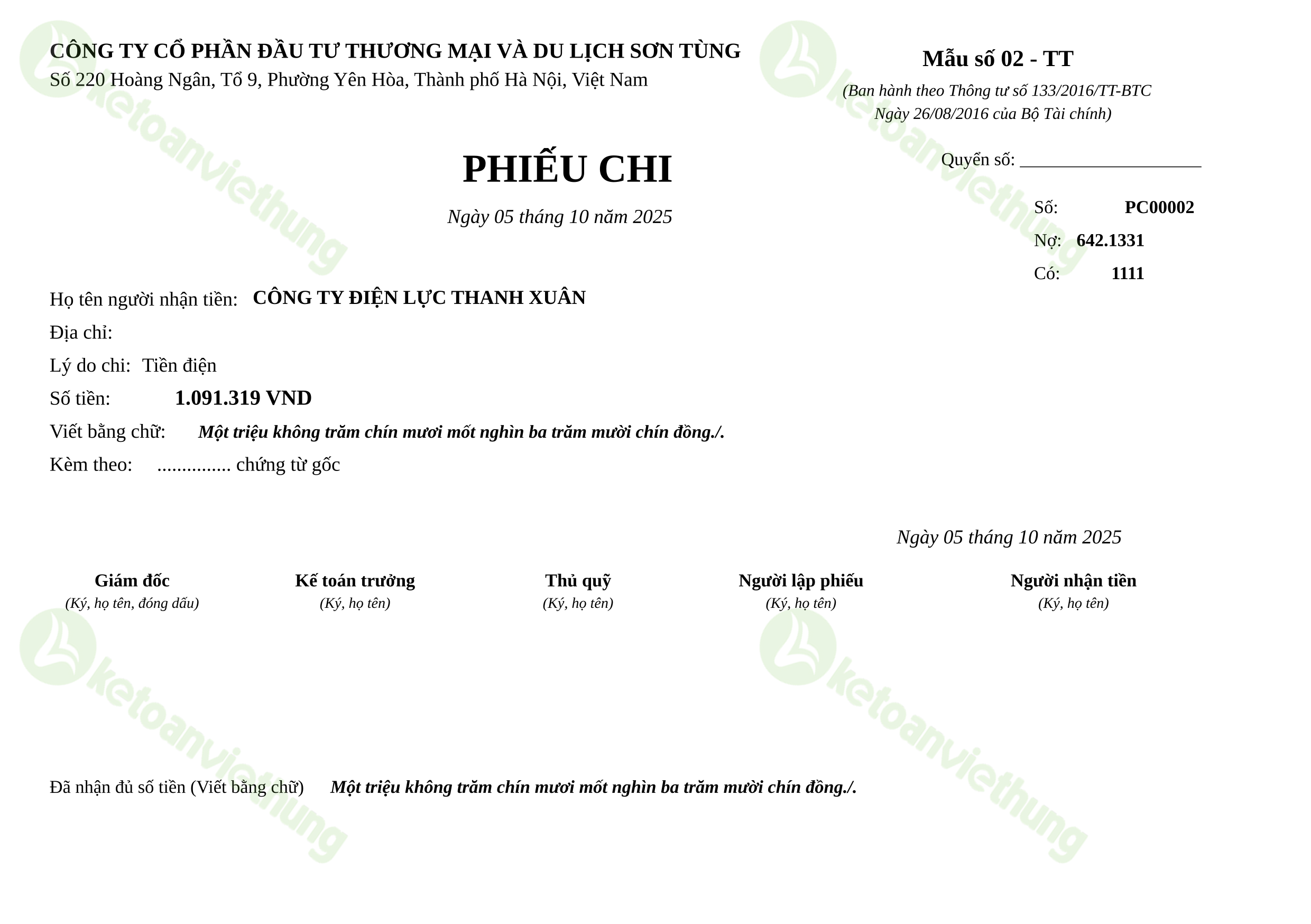 Phiếu chi thanh toán tiền điện: PC00002