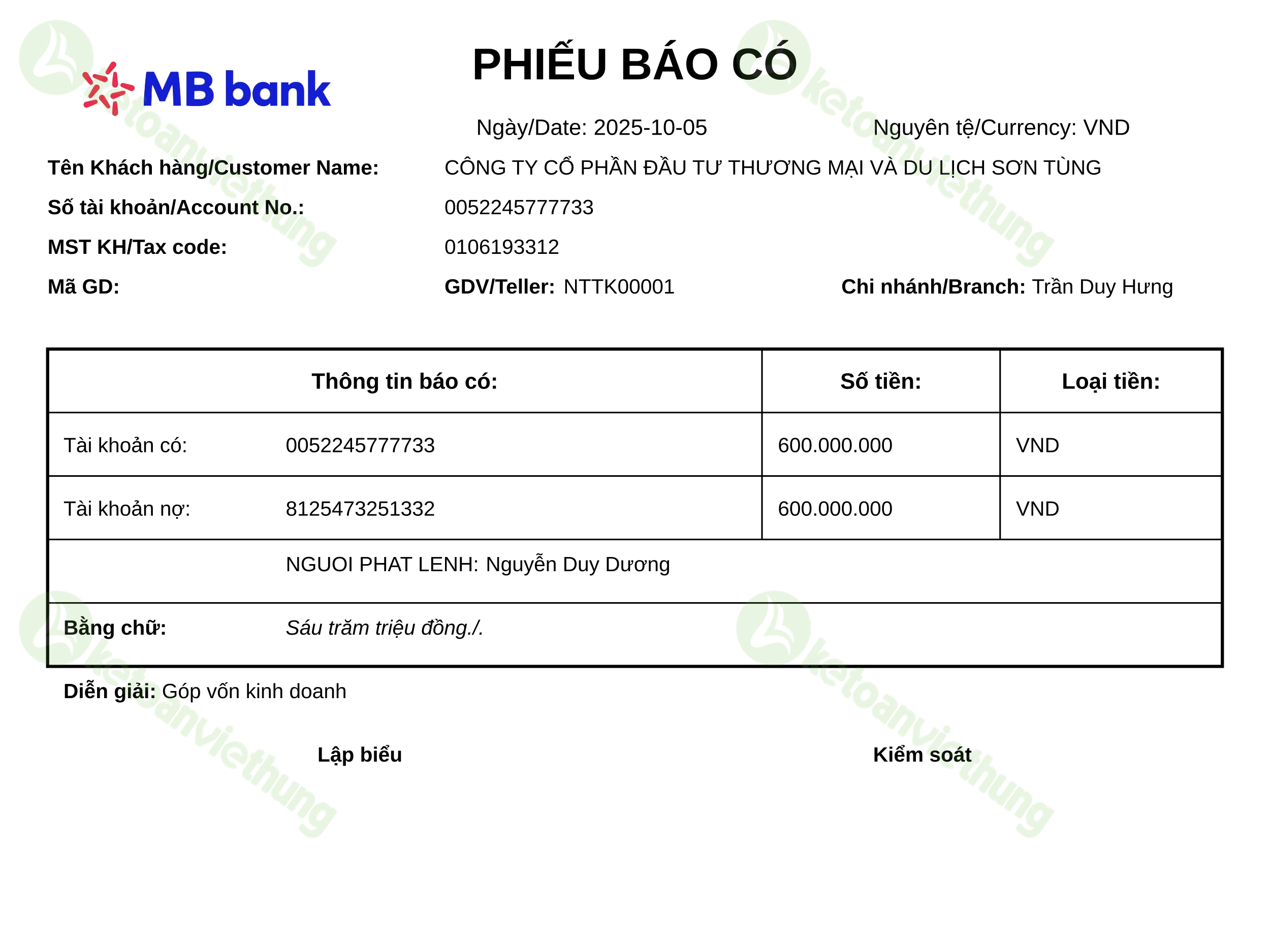 Giấy báo có Góp vốn kinh doanh