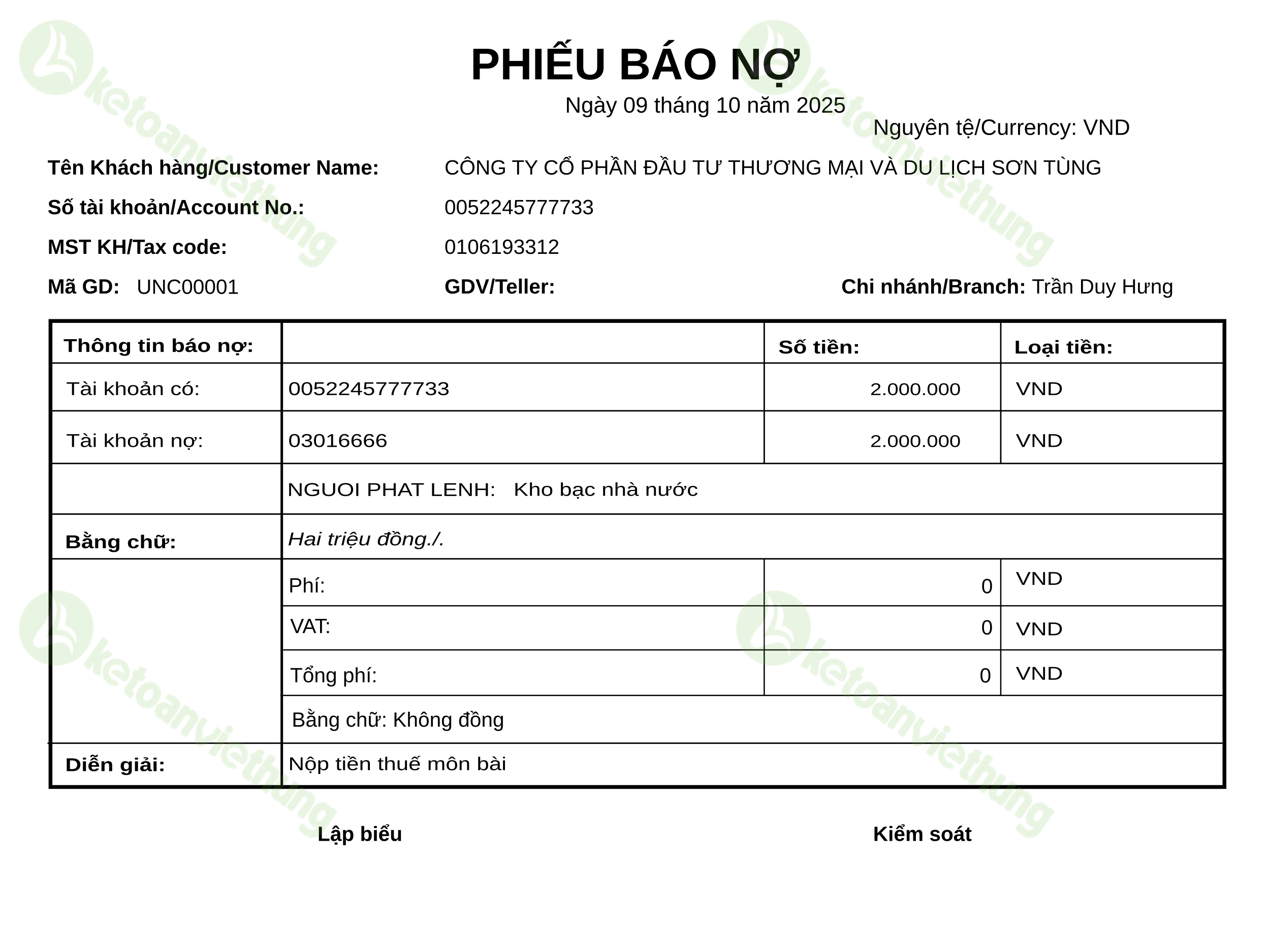 Giấy nộp tiền thuế môn bài: UNC00001