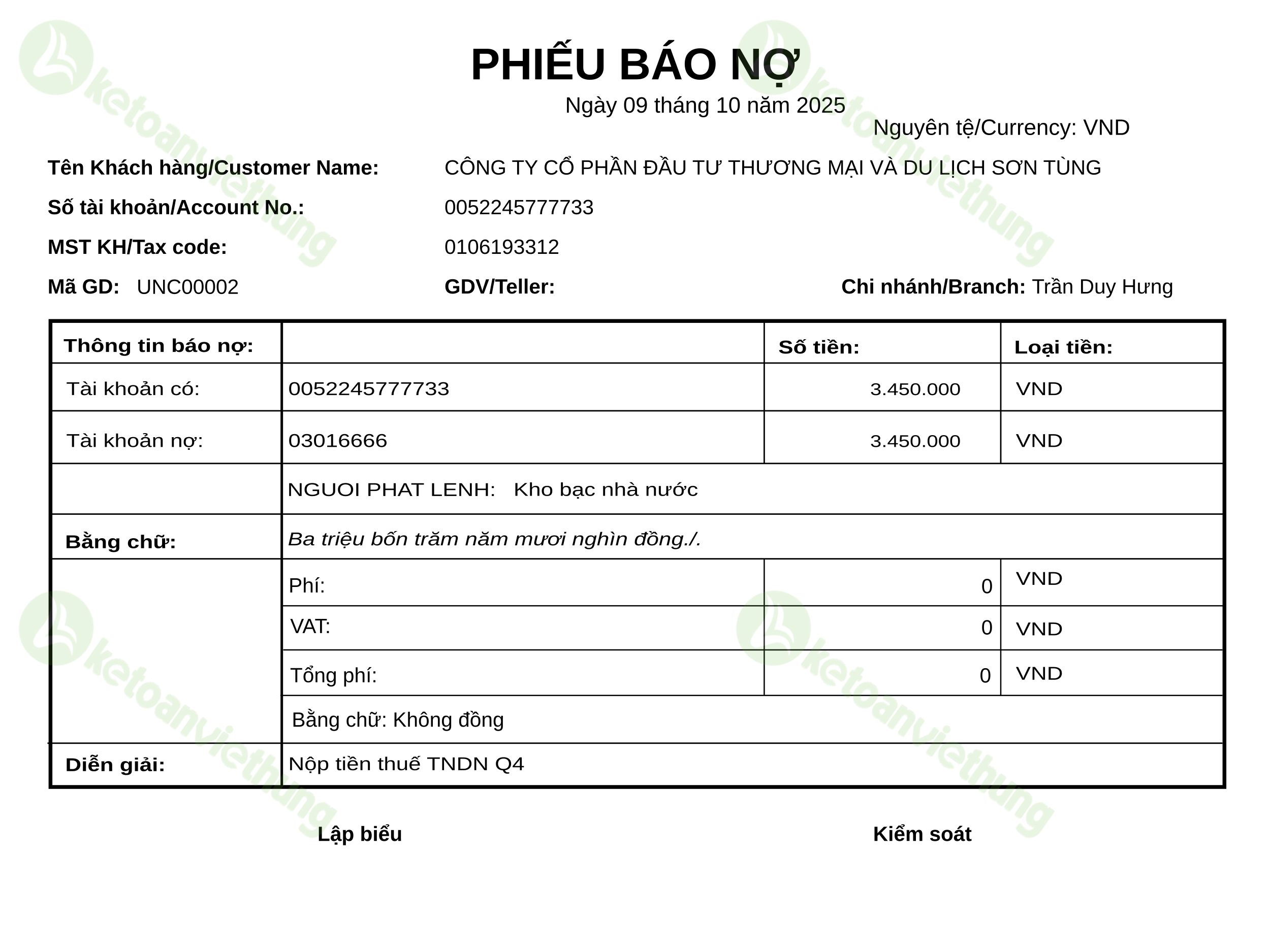 Giấy nộp tiền thuế thu nhập doanh nghiệp: UNC00002