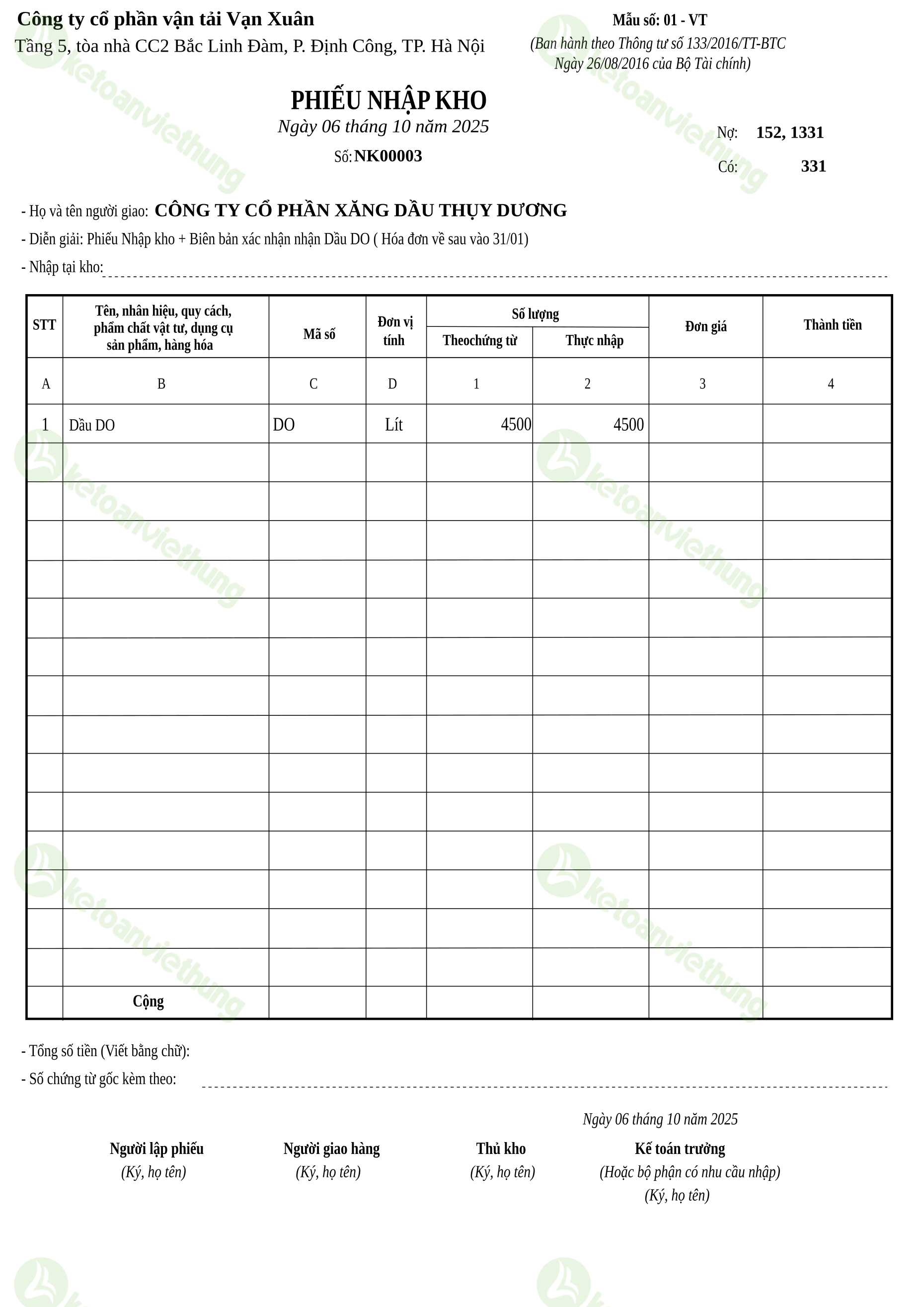 T10_NK00003_Phiếu nhập kho TT133