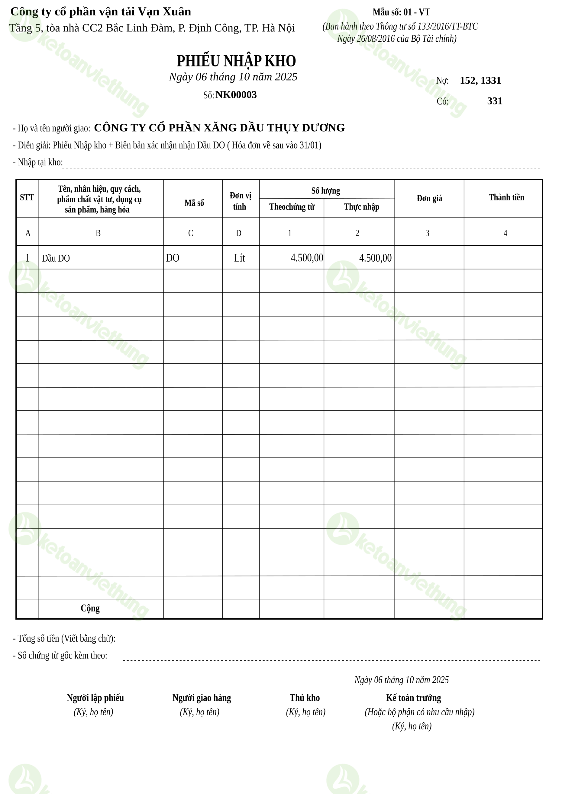 T10_NK00003_Phiếu nhập kho TT133