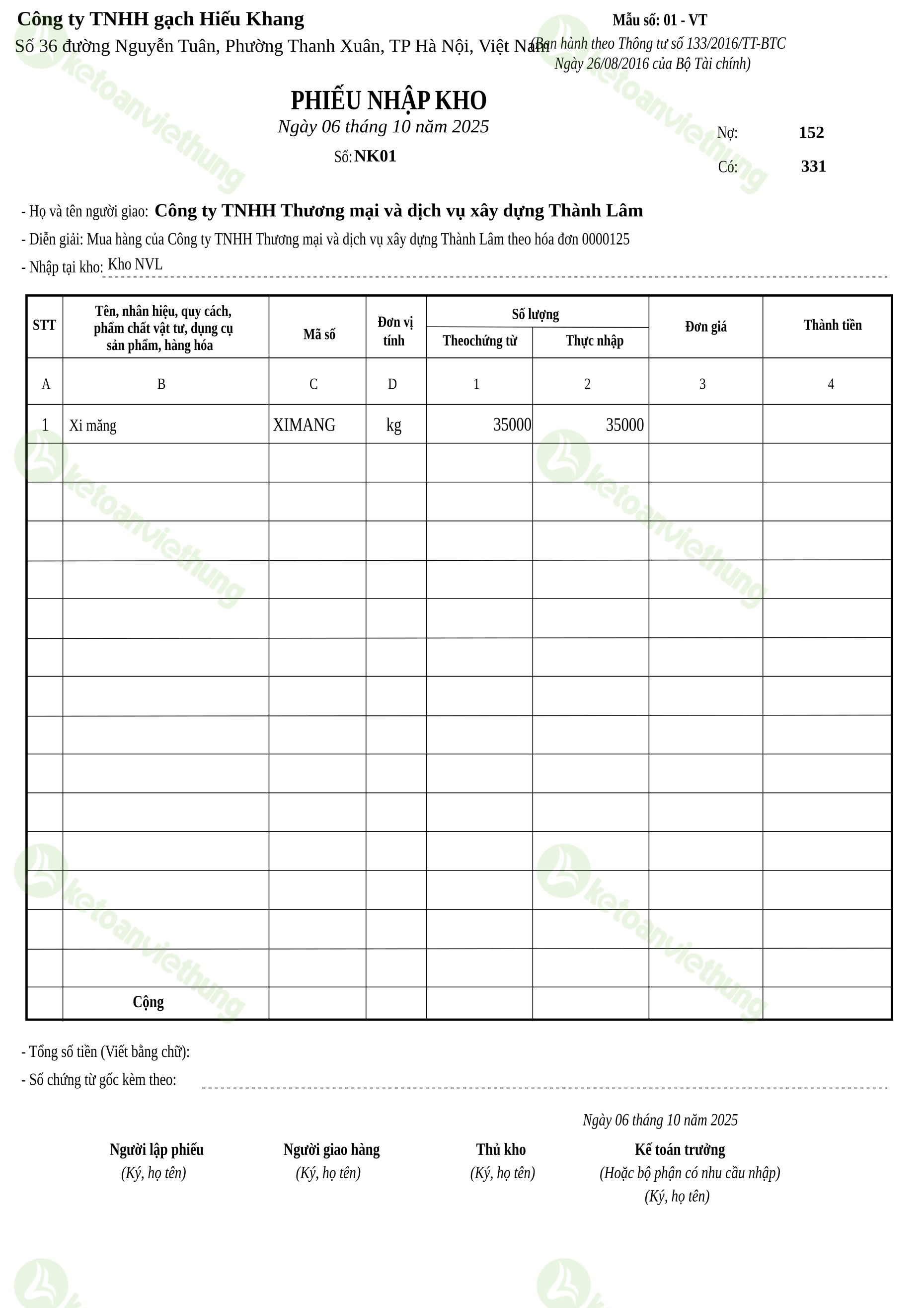 Phiếu nhập kho nguyên vật liệu: NK01
