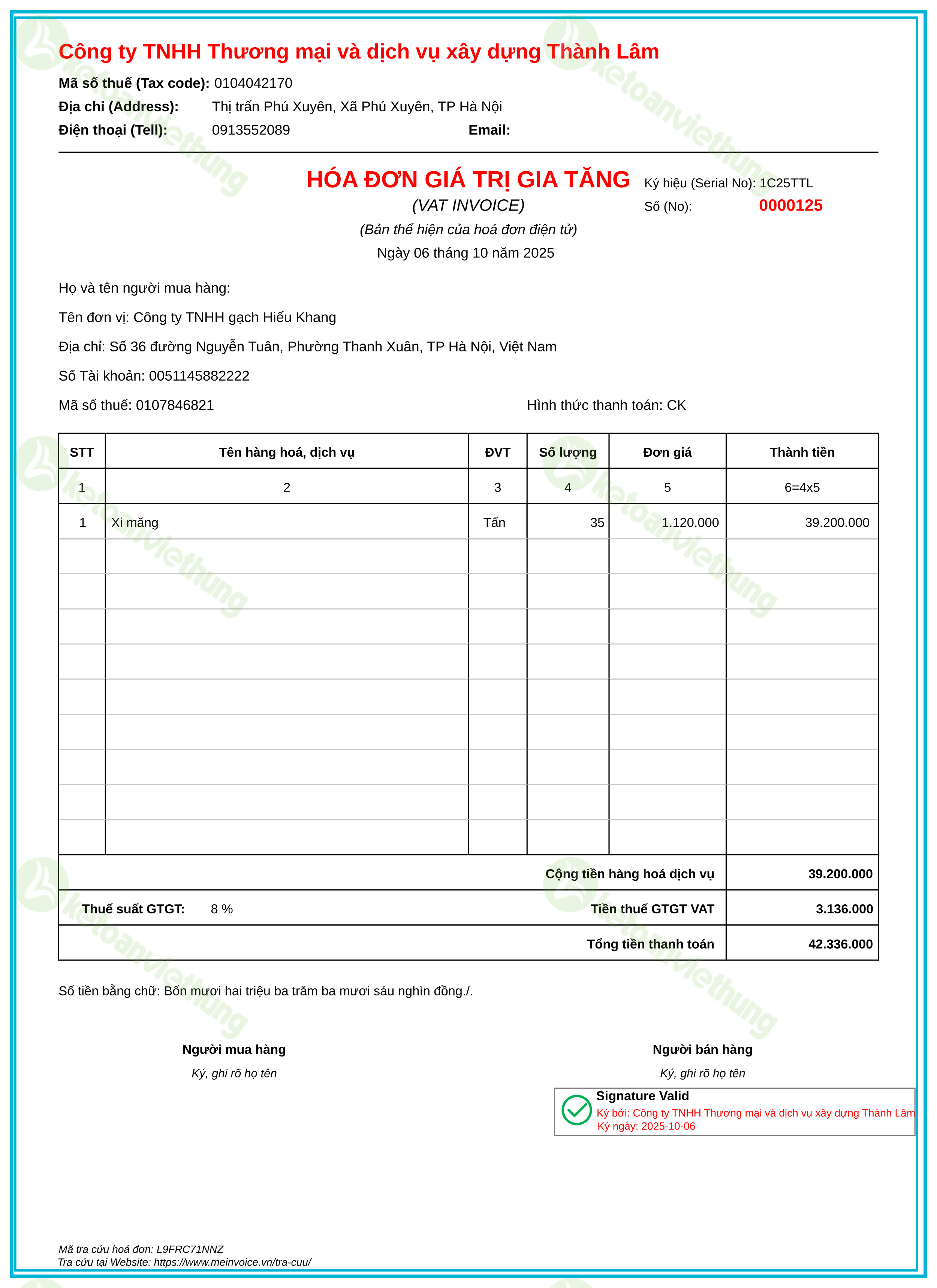 Hóa đơn mua nguyên vật liệu: 0000125