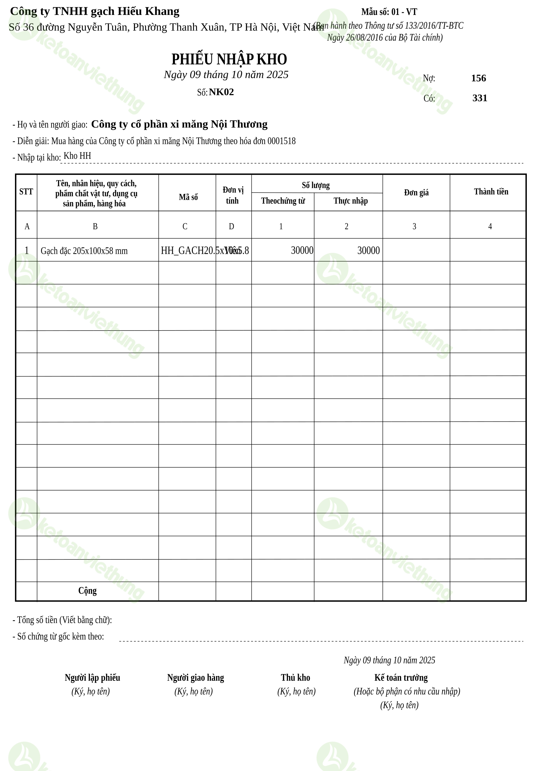 Phiếu nhập kho hàng hóa: NK02