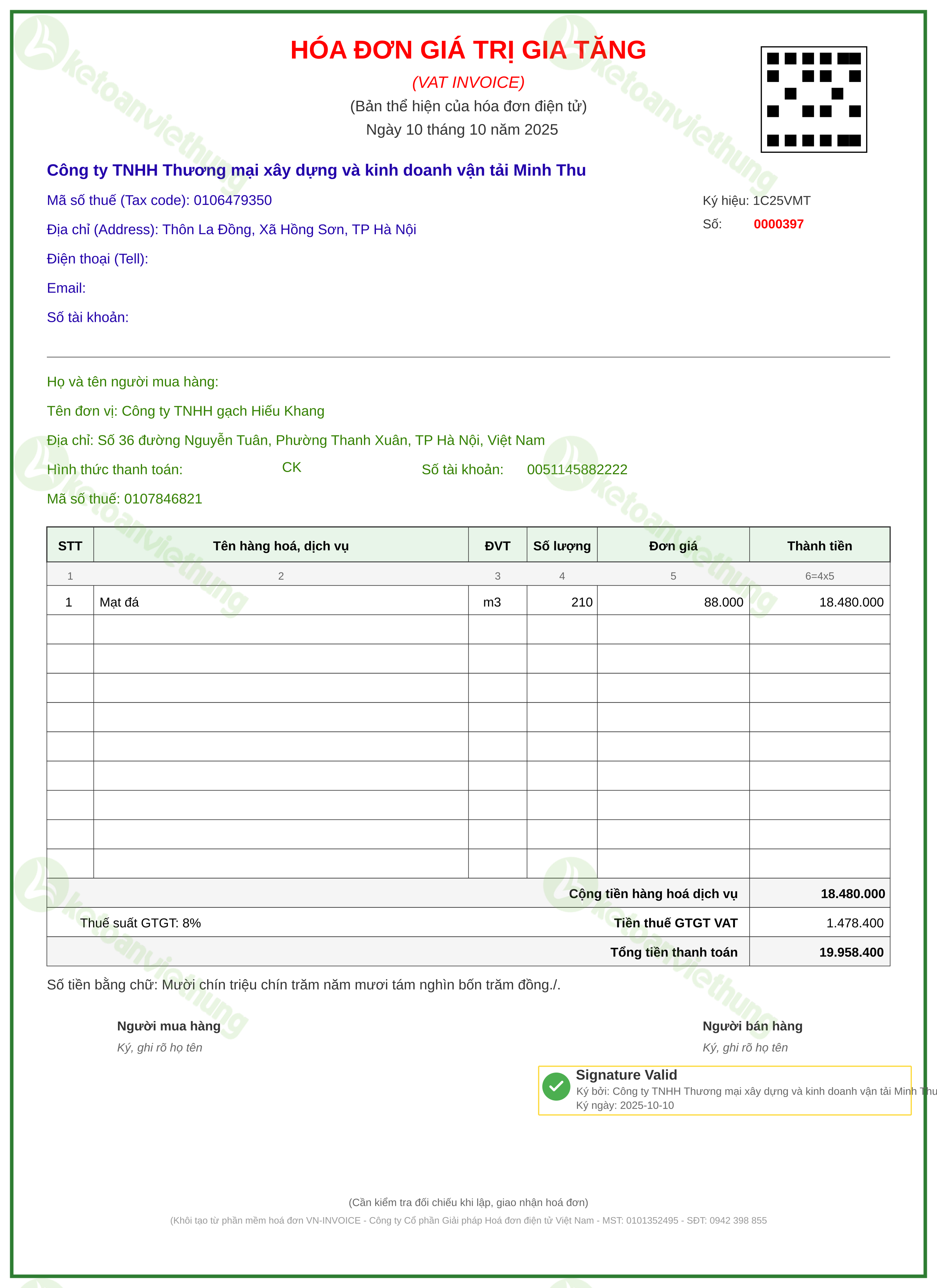Hóa đơn mua nguyên vật liệu: 0000397 (T9)