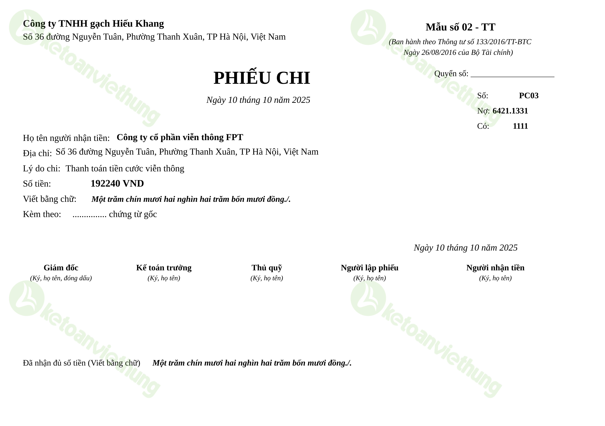 Phiếu chi thanh toán cước viễn thông: PC03