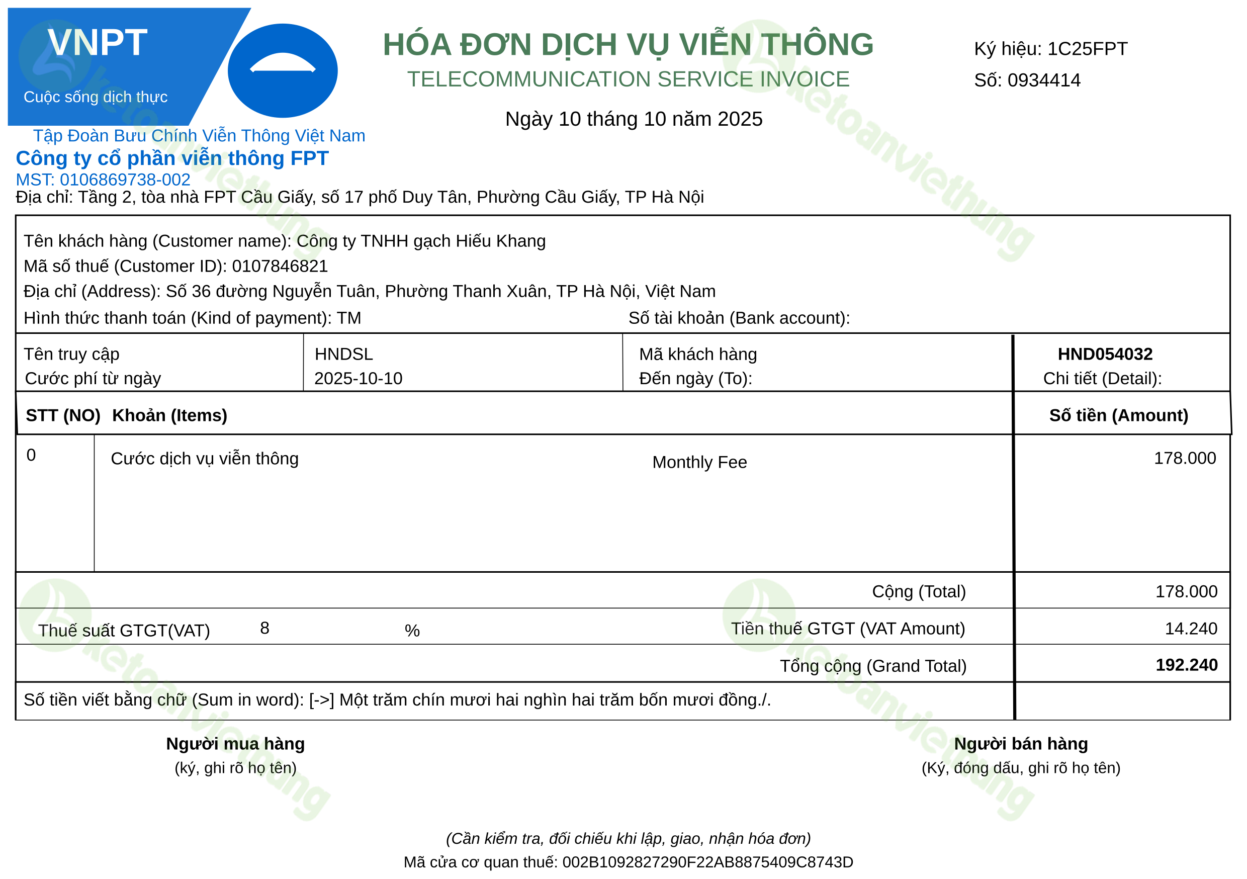 Hóa đơn cước viễn thông: 0934414