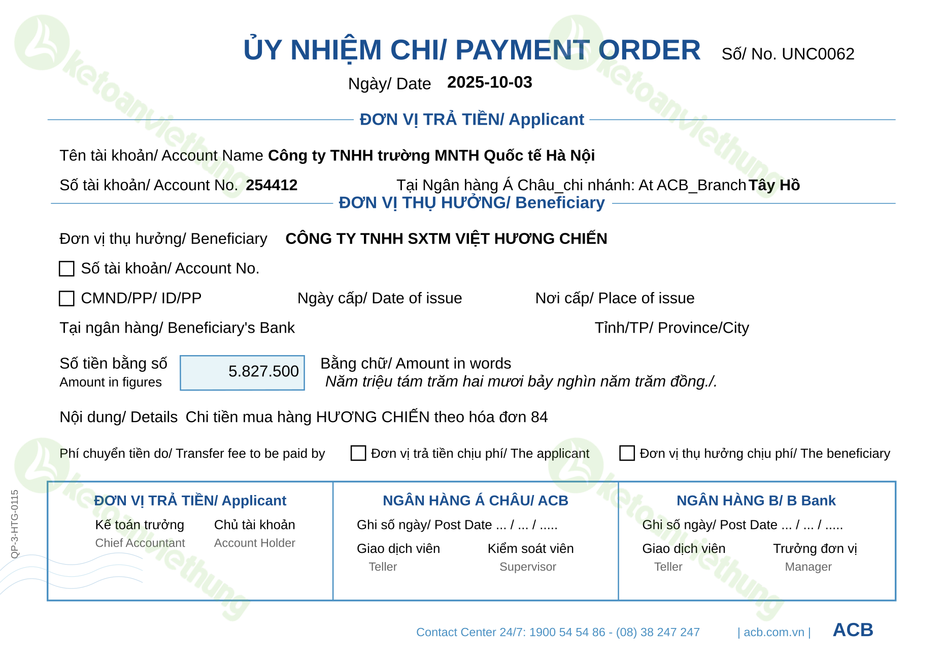 Ủy nhiệm chi trả tiền nhà cung cấp trong nước: UNC0062