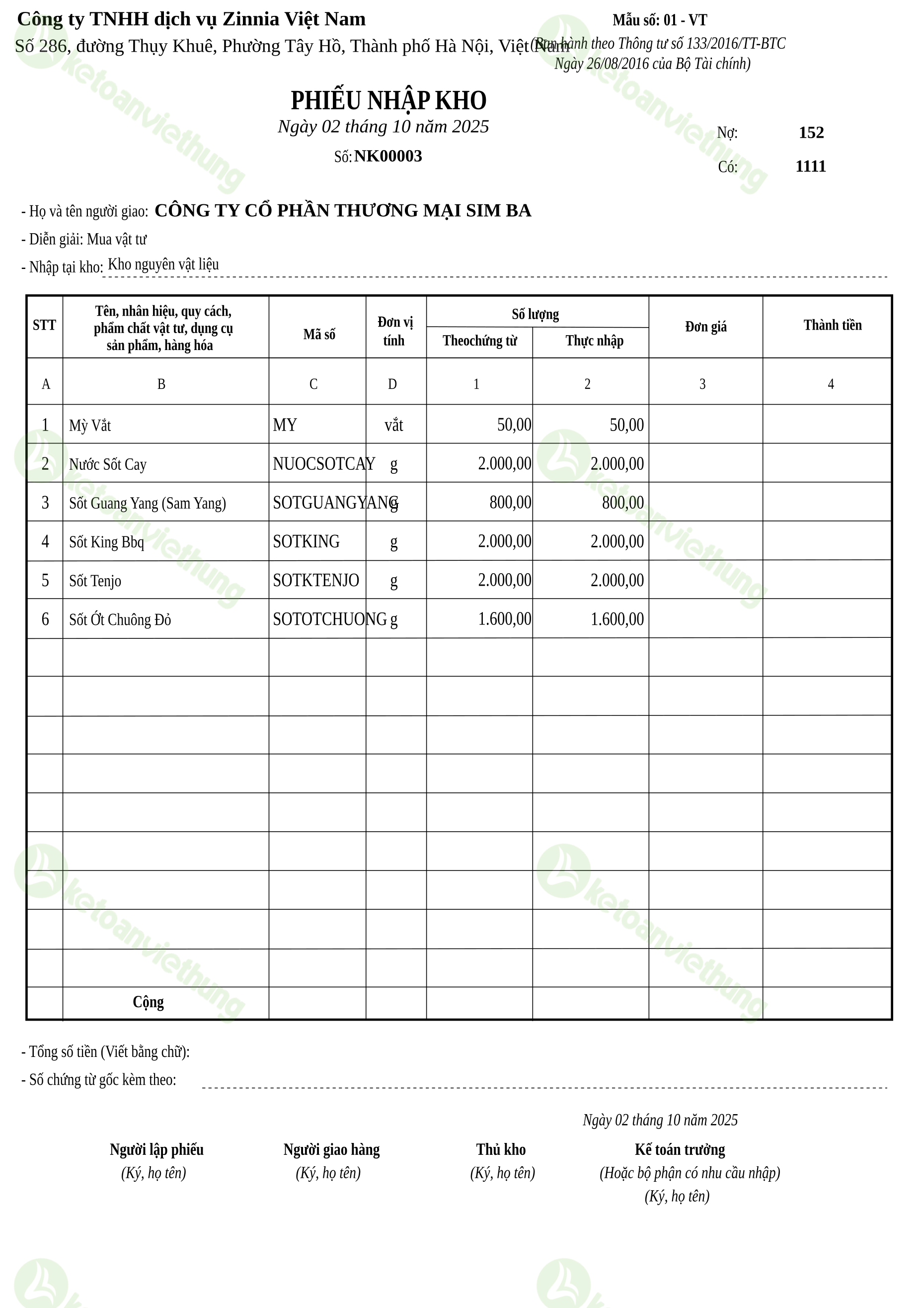Phiếu nhập kho nguyên vật liệu: NK00003