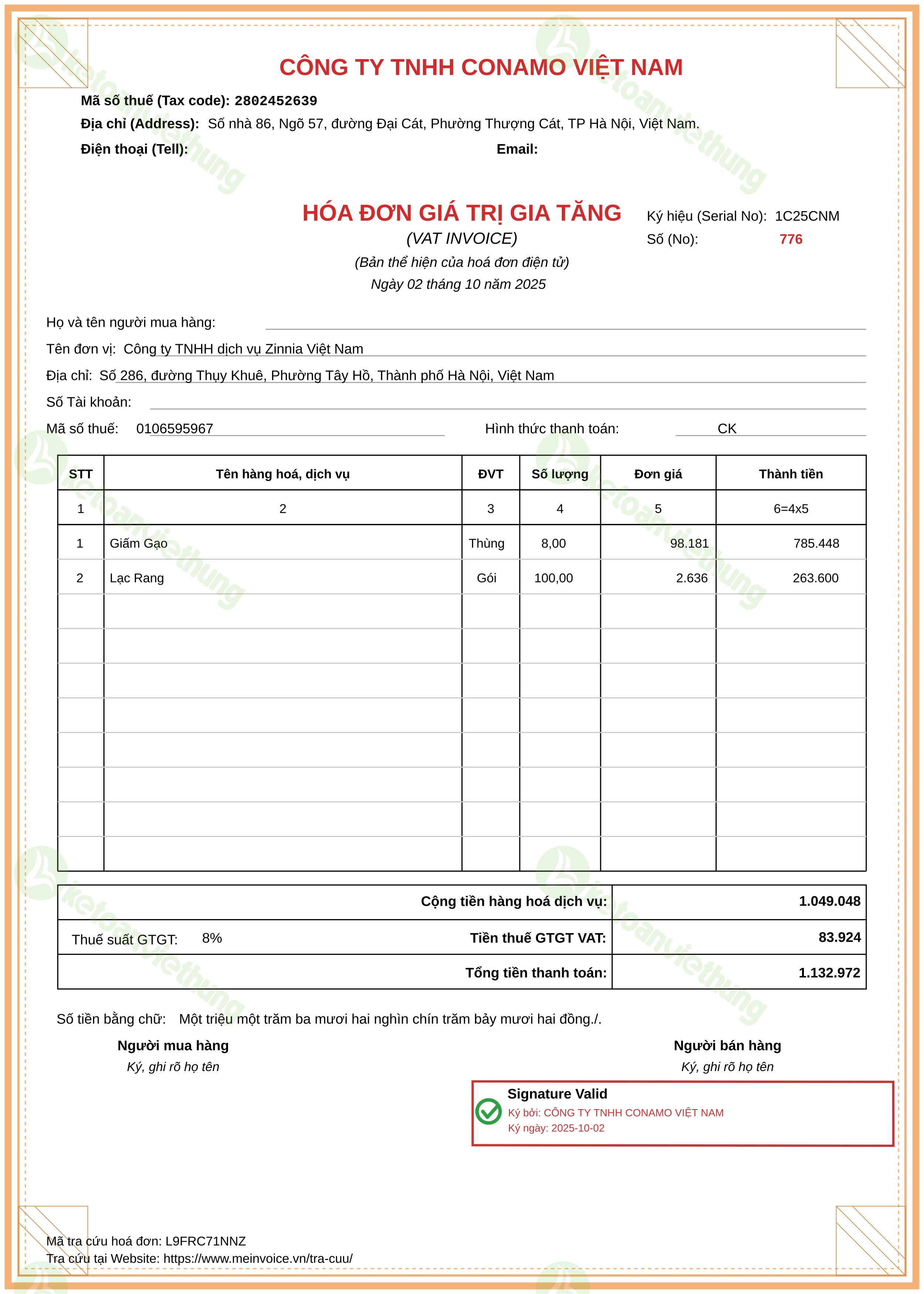 Hóa đơn mua nguyên vật liệu: 776