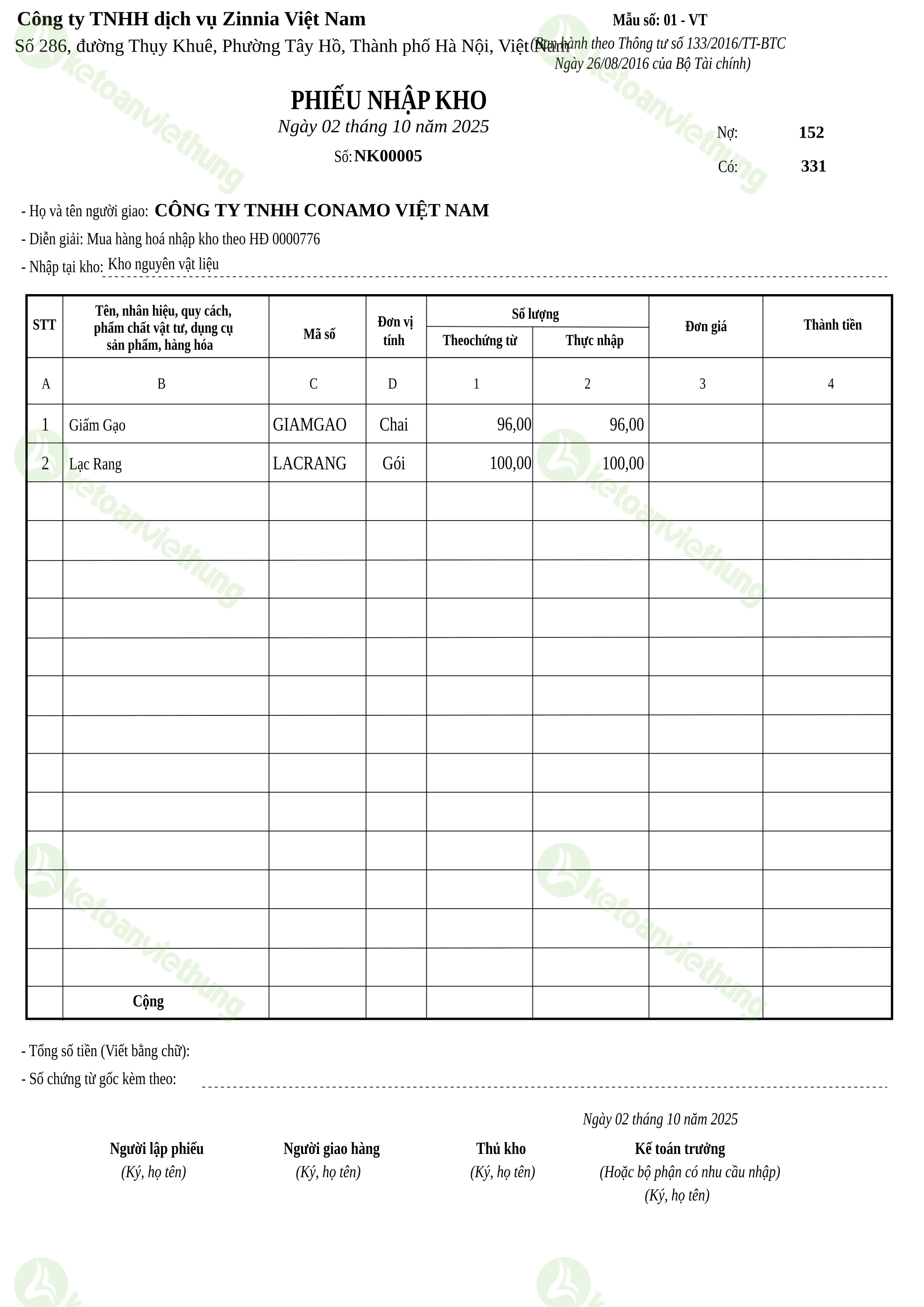 Phiếu nhập kho nguyên vật liệu: NK00005