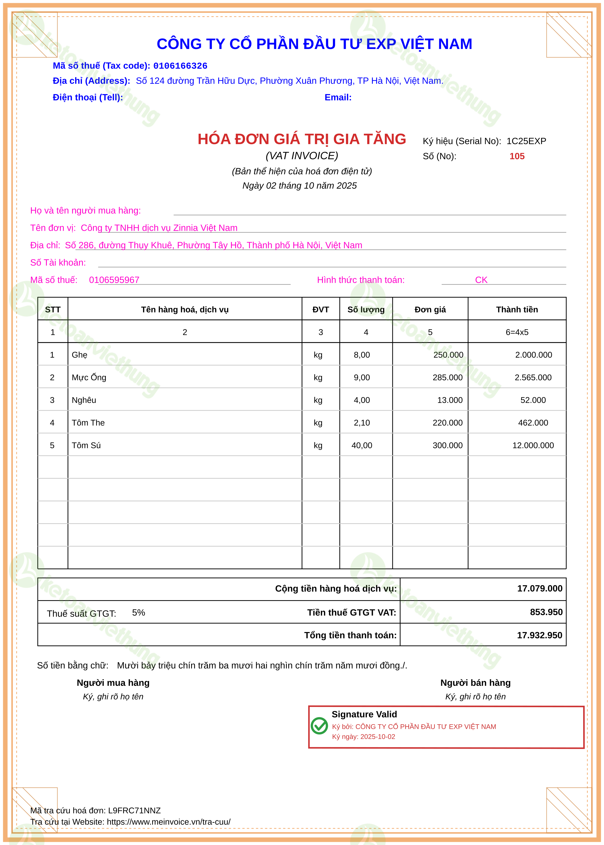 Hóa đơn mua nguyên vật liệu: 105