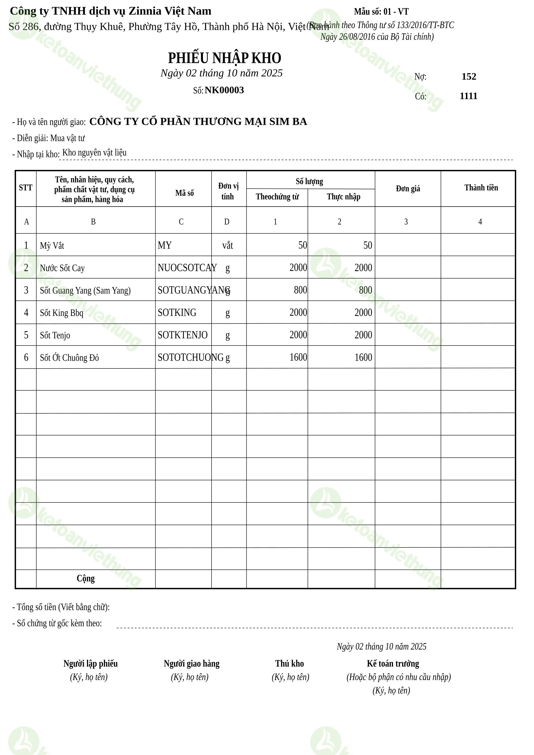 Phiếu nhập kho nguyên vật liệu: NK00003