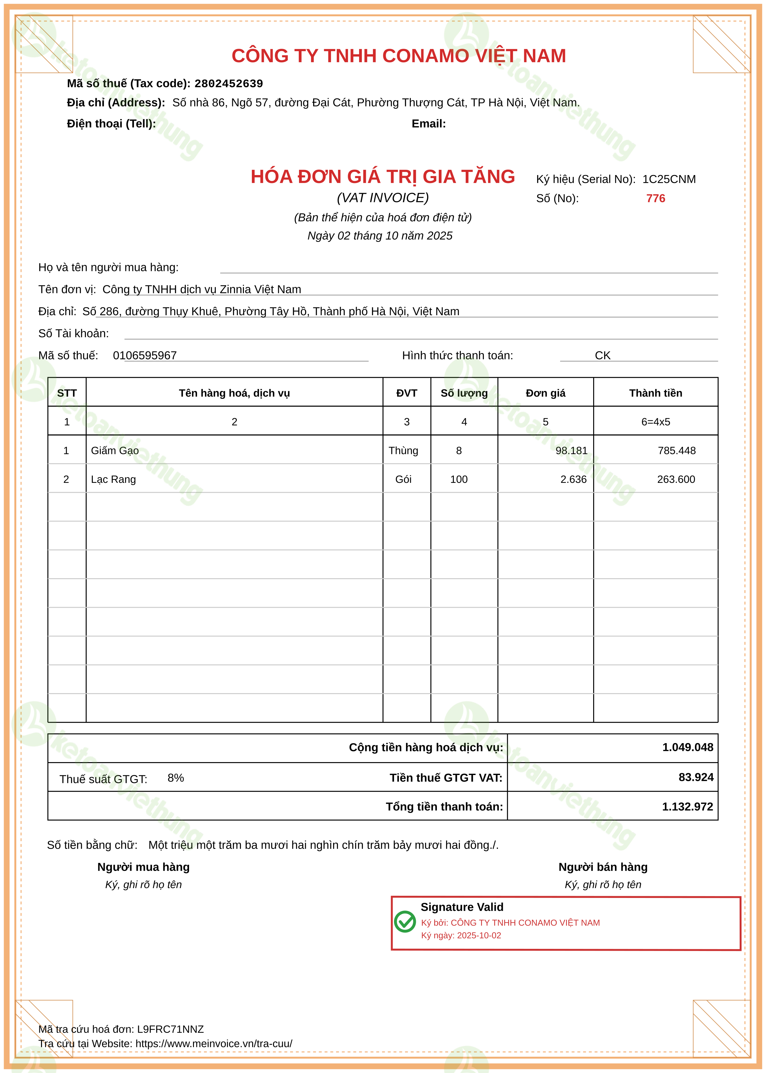 Hóa đơn mua nguyên vật liệu: 776