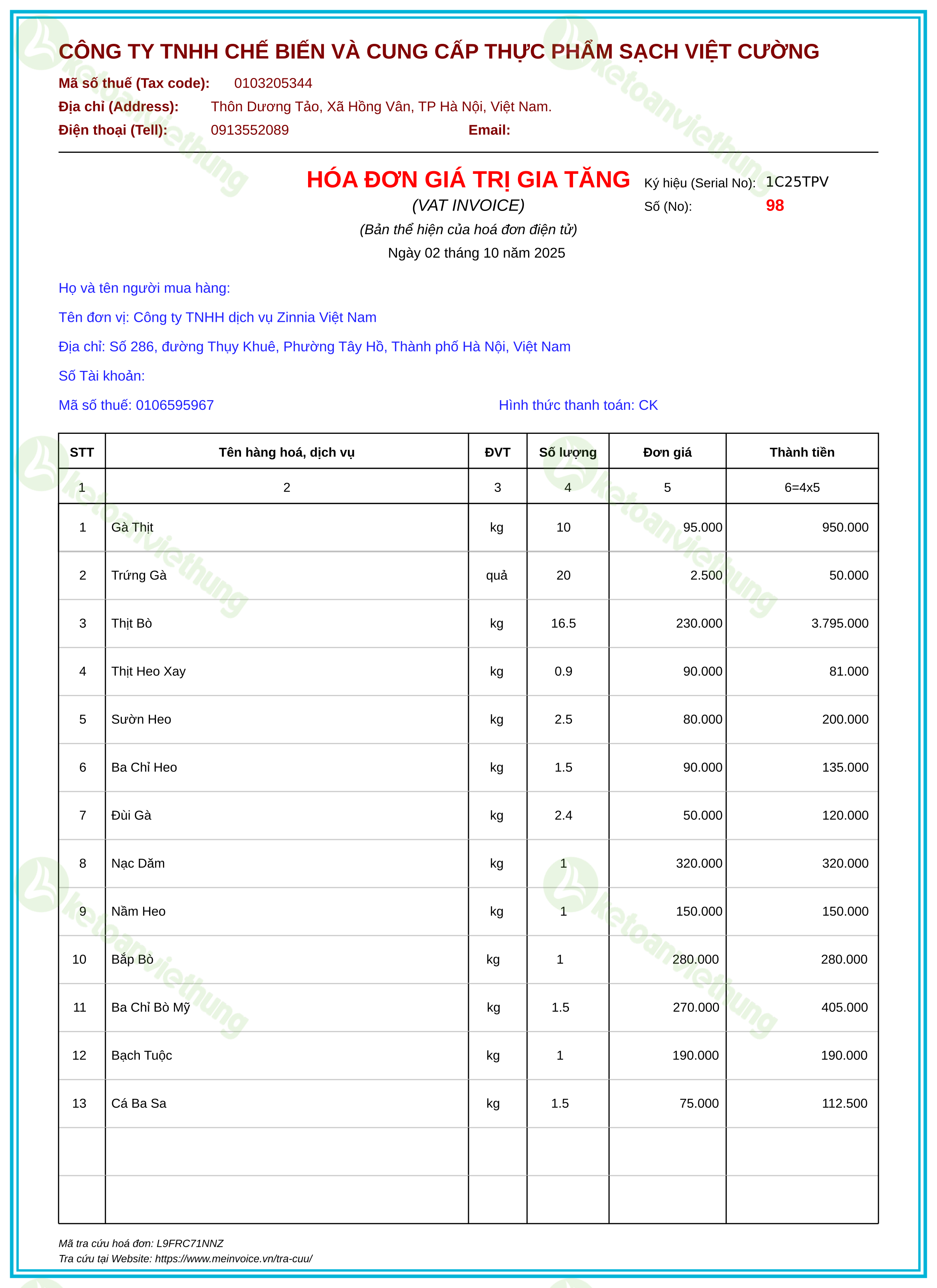 Hóa đơn mua nguyên vật liệu: 98