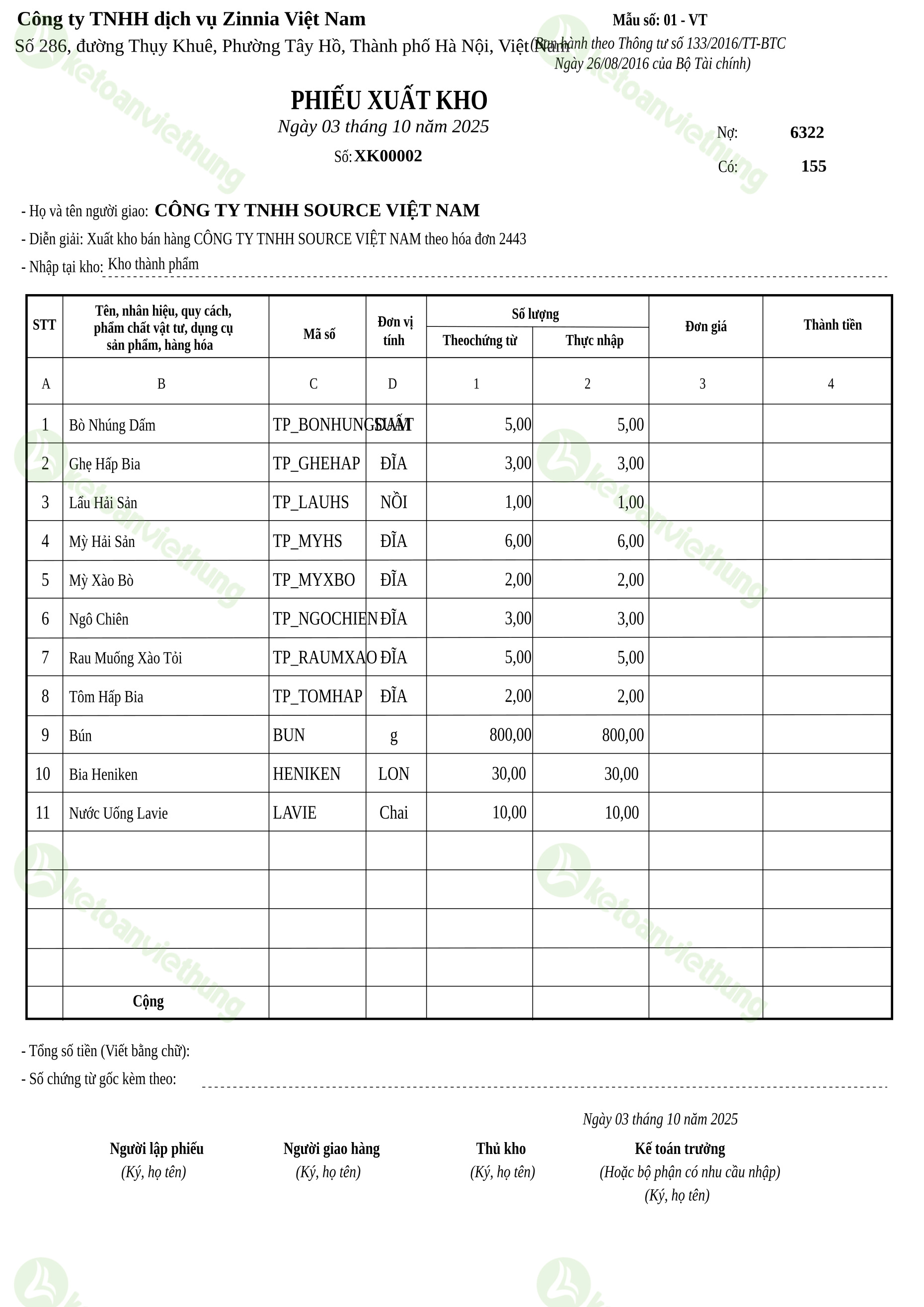 Phiếu xuất kho thành phẩm bán hàng: XK00002