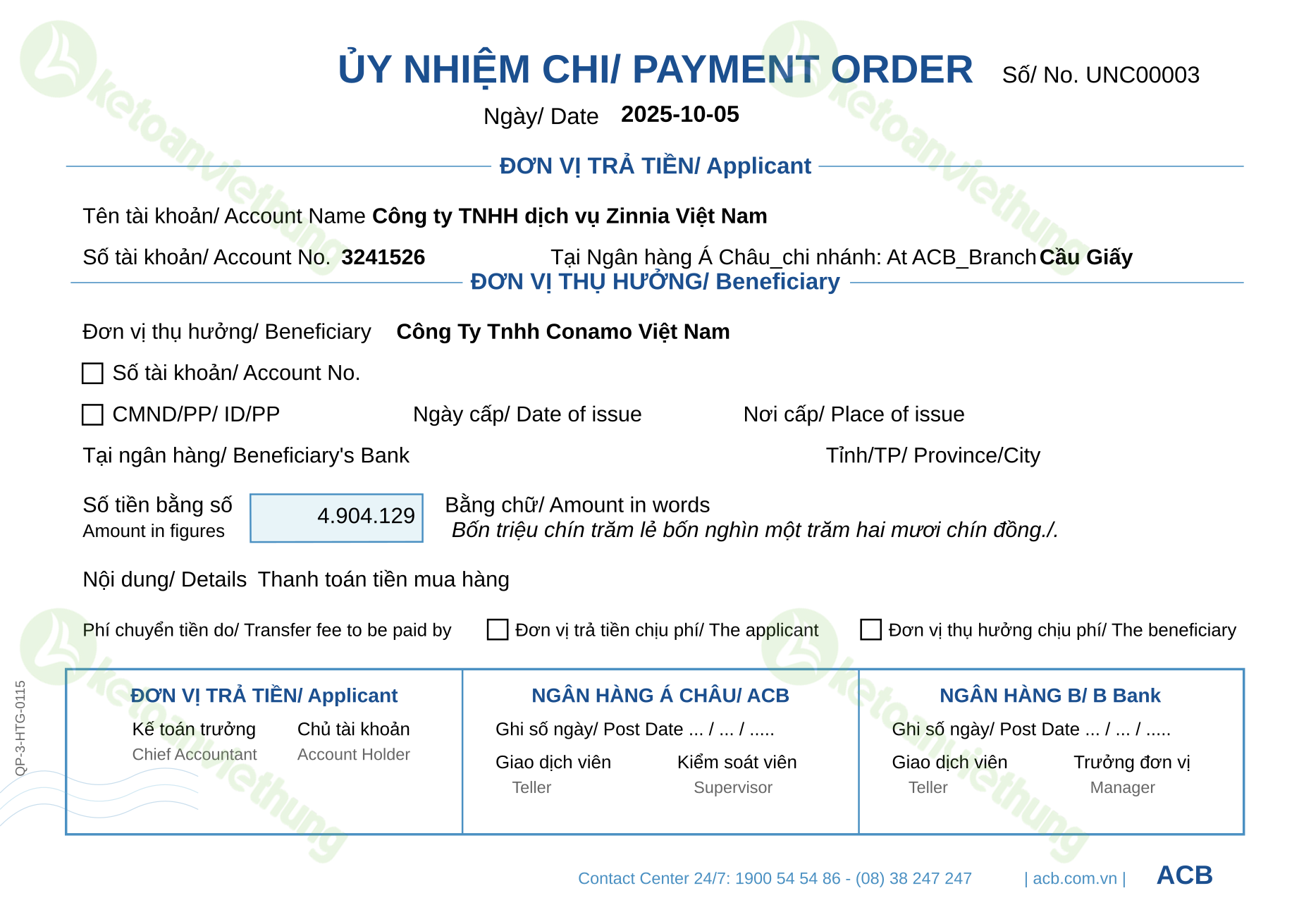 Ủy nhiệm chi trả tiền nhà cung cấp trong nước: UNC00003